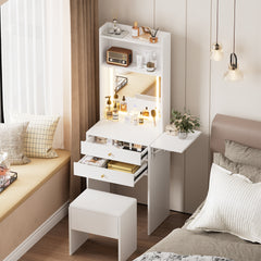 HAOYYE Small Space Vanity Table Set with 3 Adjustable Lighted Mirror and Storage Chair, Makeup Vanity Table for Small Space, White Dressing Table with Fold-up Panel for Bedroom