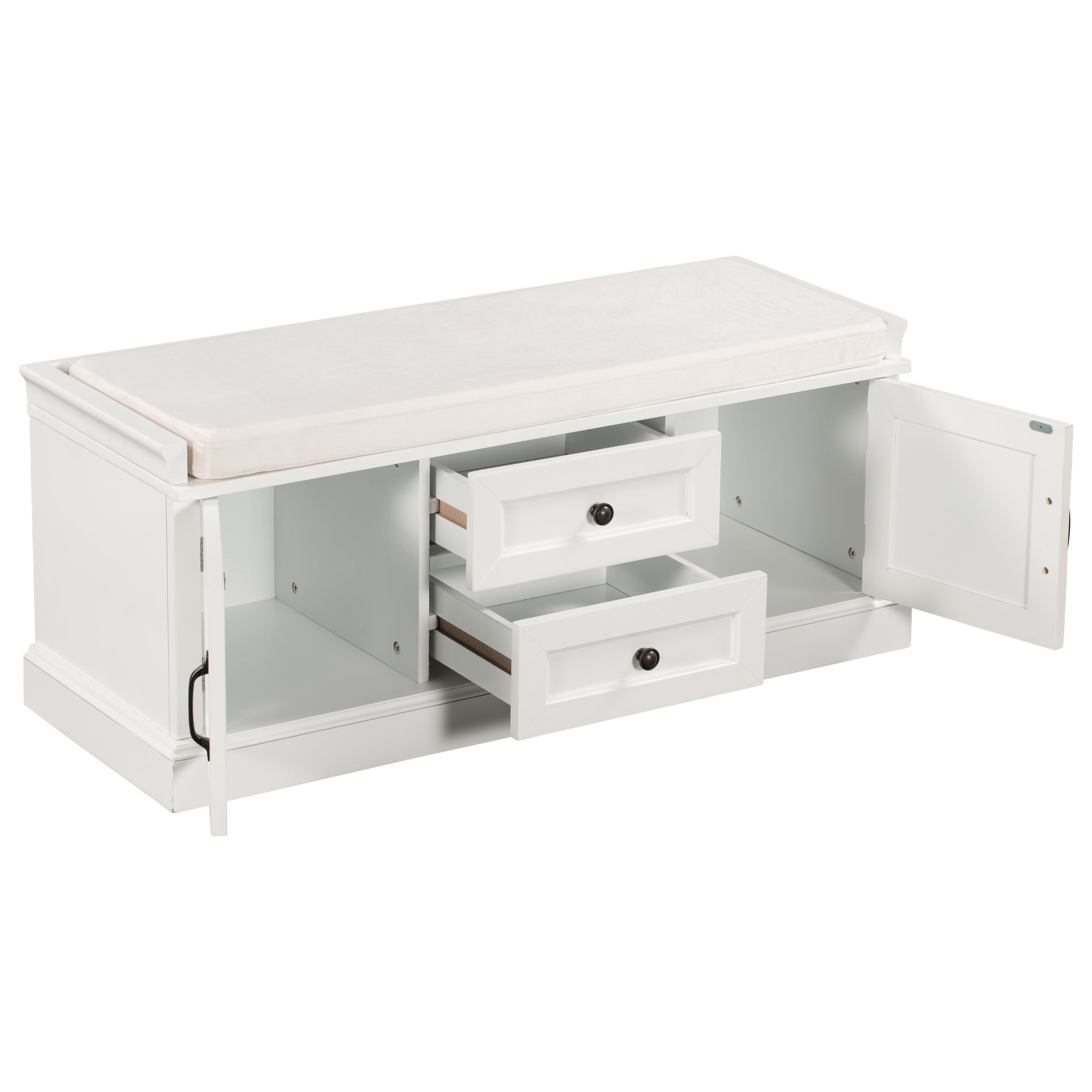 HAOYYE Storage Bench with 2 Drawers and Cabinets, Shoe Bench with Removable Cushion for Living Room, Entryway, Sturdy Space-Saving Heavy Duty Modern Design, White, Easy Assembly for Adults and Dorm Rooms