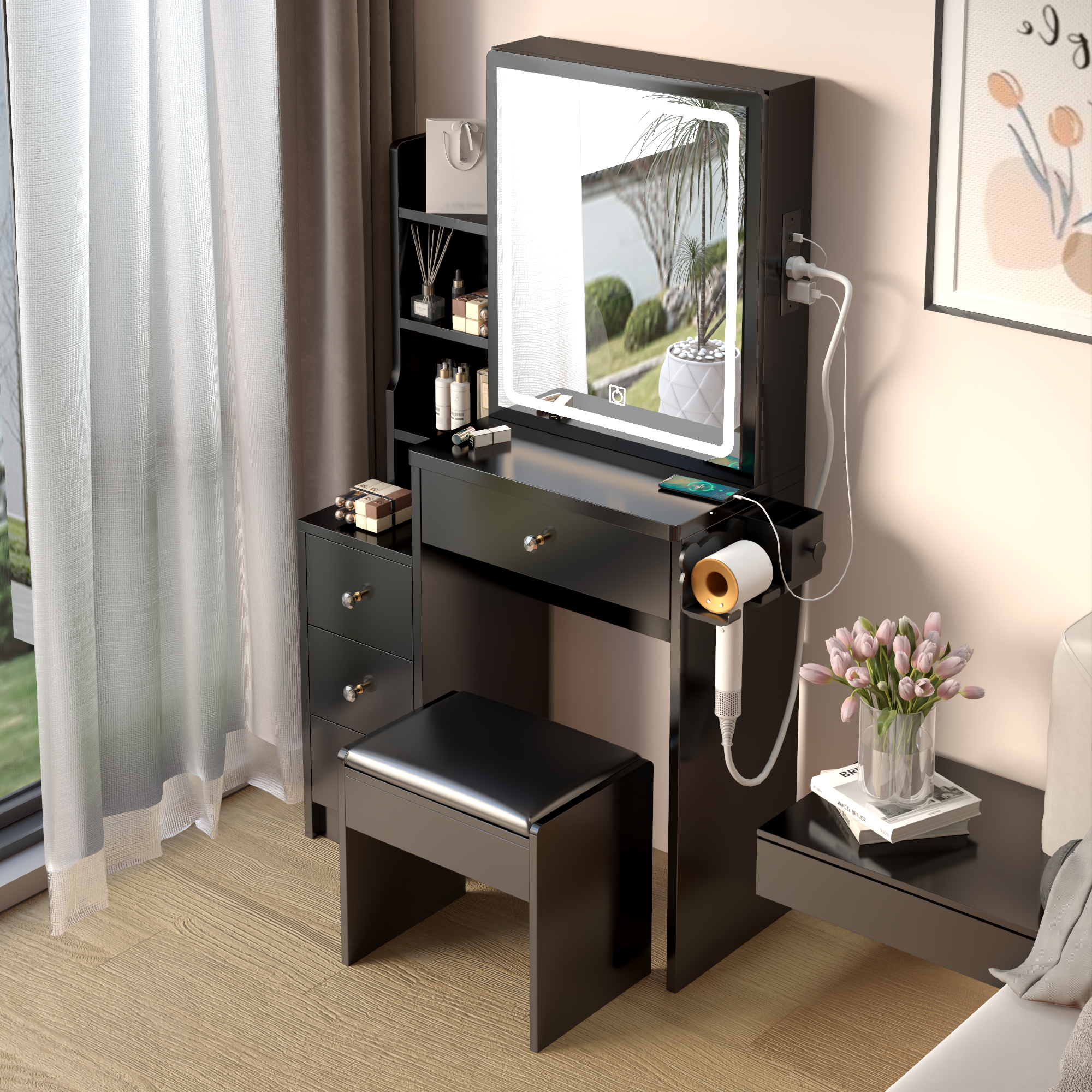 HAOYYE Small Space Left Bedside Cabinet Vanity Table + Cushioned Stool, 2 AC+2 USB Power Station, Hair dryer bracket, Extra Large Touch Control Sliding LED Mirror, Tri-color Switching, Brightness Adjustable