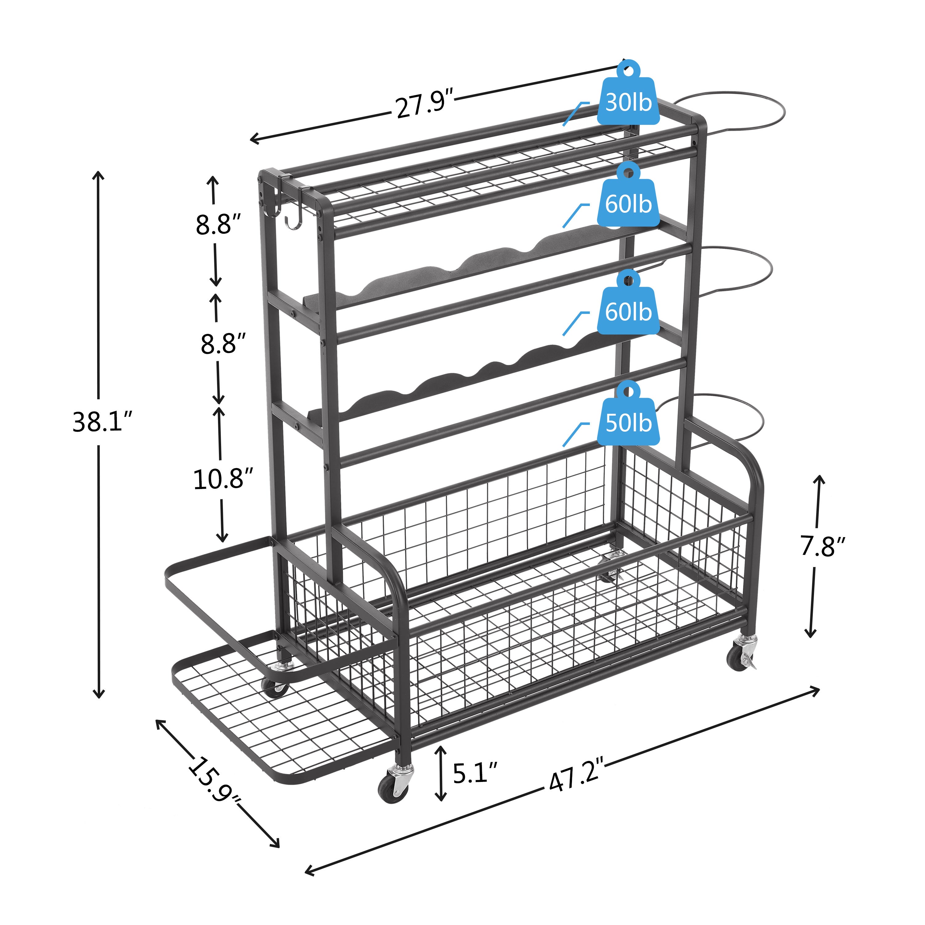HAOYYE 4-Tier Metal Storage Organizer with Rolling Wheels for Basketball Sports Equipment Organizer for Yoga Mat Larger Ball Storage Rack with Baskets and Hooks, Indoor or Outdoor for Tennis Racket,Football