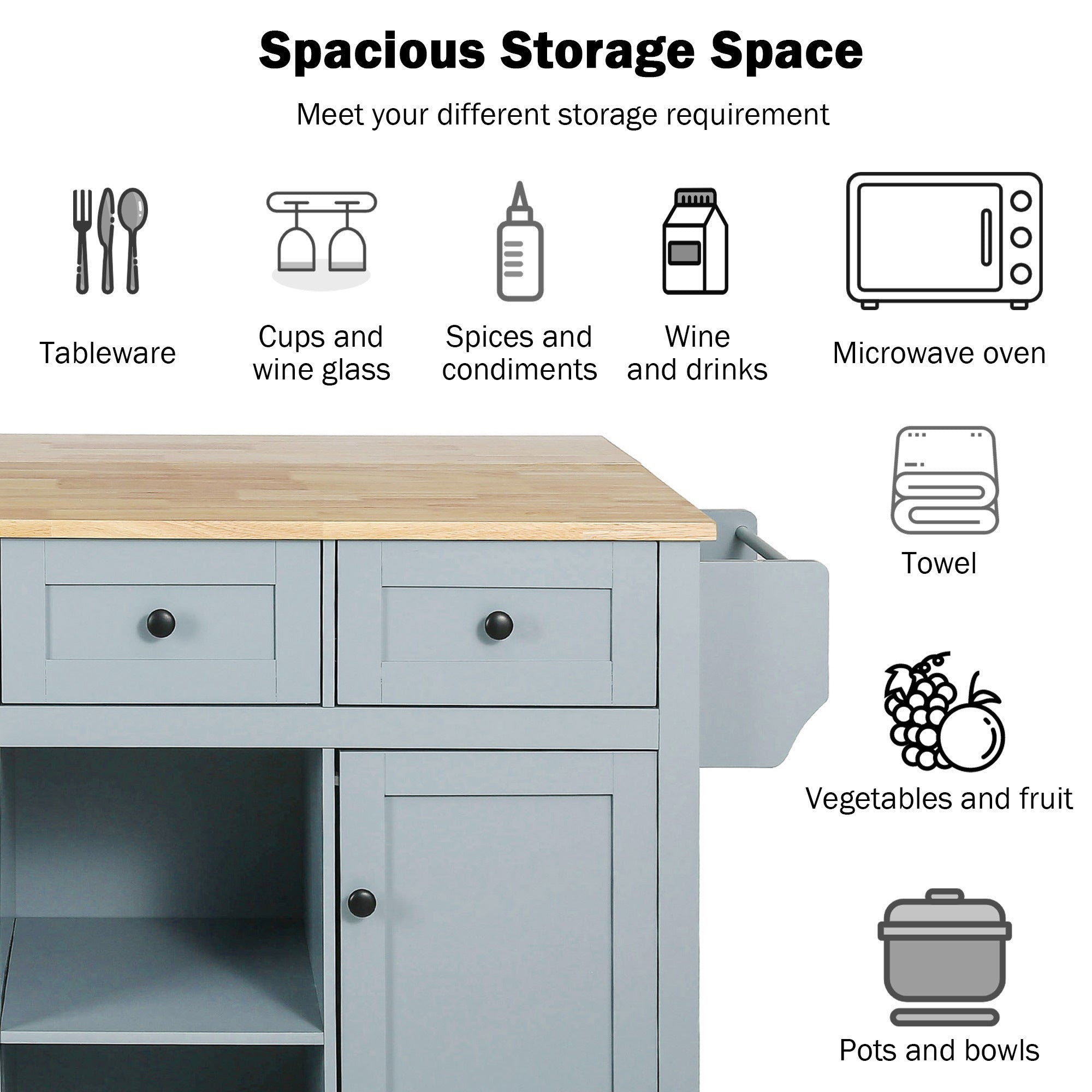HAOYYE Kitchen Cart with Rubberwood Drop-Leaf Countertop, Cabinet Door Internal Storage Racks, Kitchen Island on 5 Wheels with Storage Cabinet and 3 Drawers for Dining Room, Grey Blue, Sturdy Space-Saving Design, Durable Home Furniture