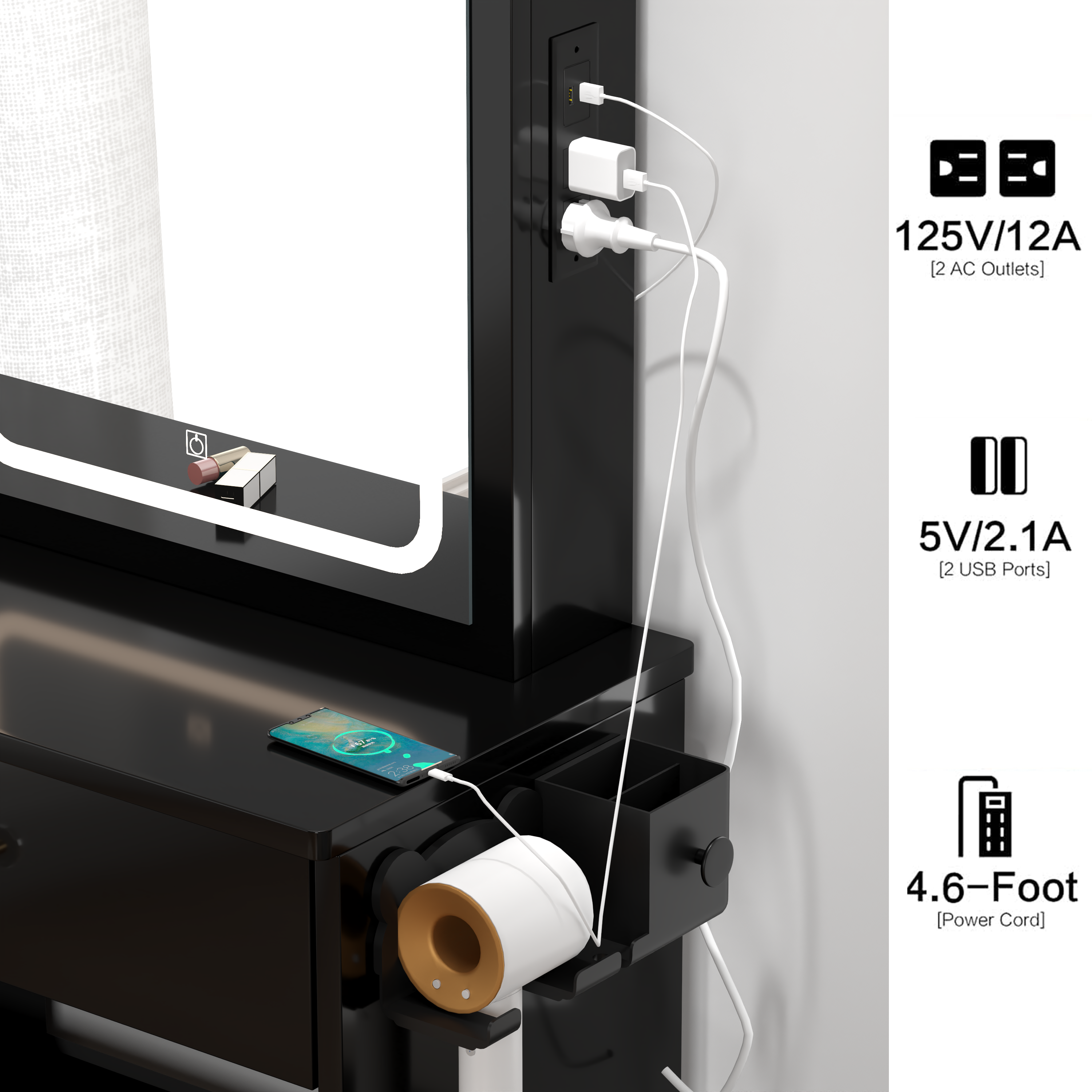 HAOYYE Compact Vanity Table With Left Drawer, Cushioned Stool, Built-In Power Station With 2 AC & 2 USB Ports, Hair Dryer Bracket, Touch-Control Sliding LED Mirror With Adjustable Brightness And Tri-Color Lighting