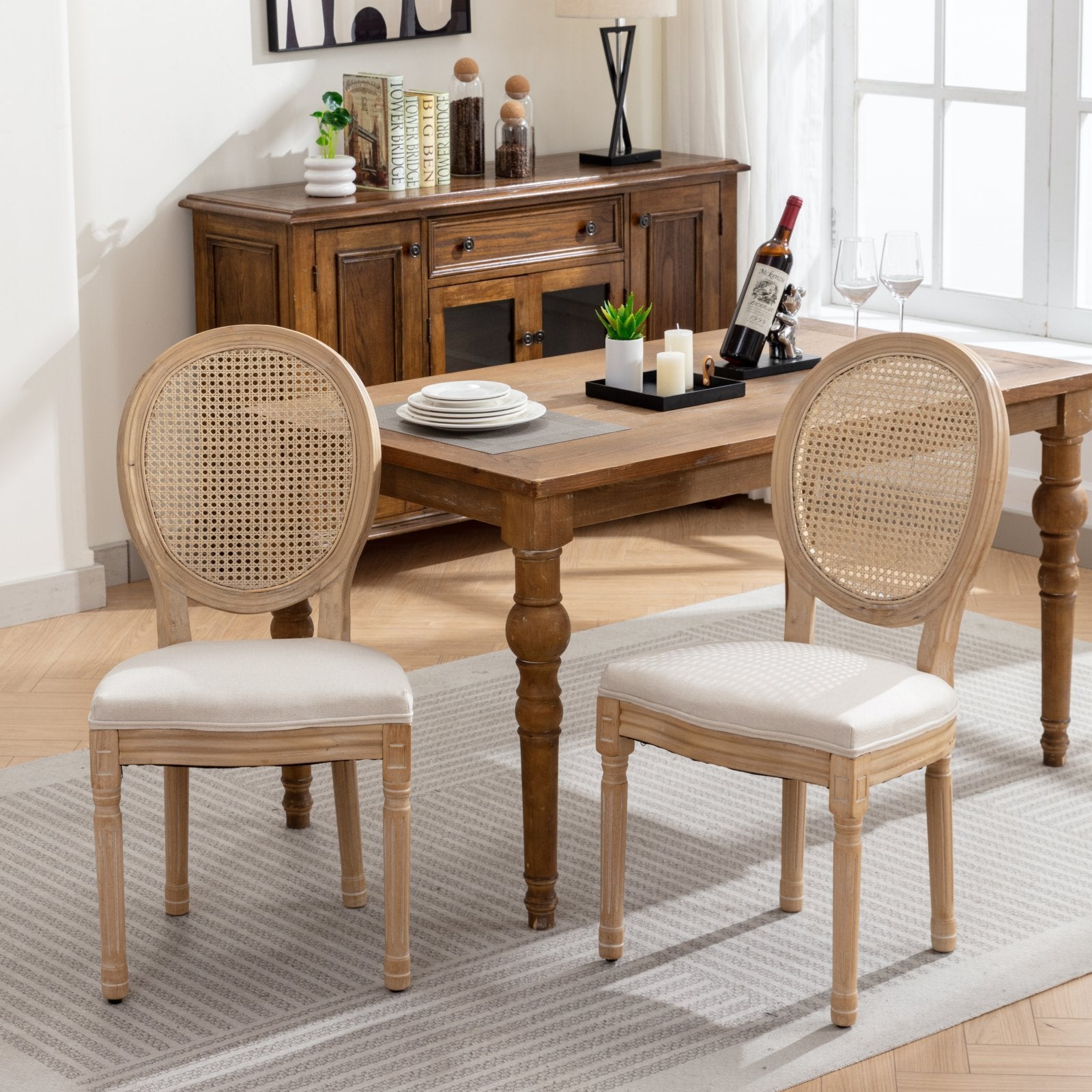 HAOYYE French Style Solid Wood Frame Antique Painting Linen Fabric Rattan Back Dining Chair,Set of 2,Cream,Beige Sturdy Space-Saving Heavy Duty Modern Design Adults Dorm Room Easy Assembly