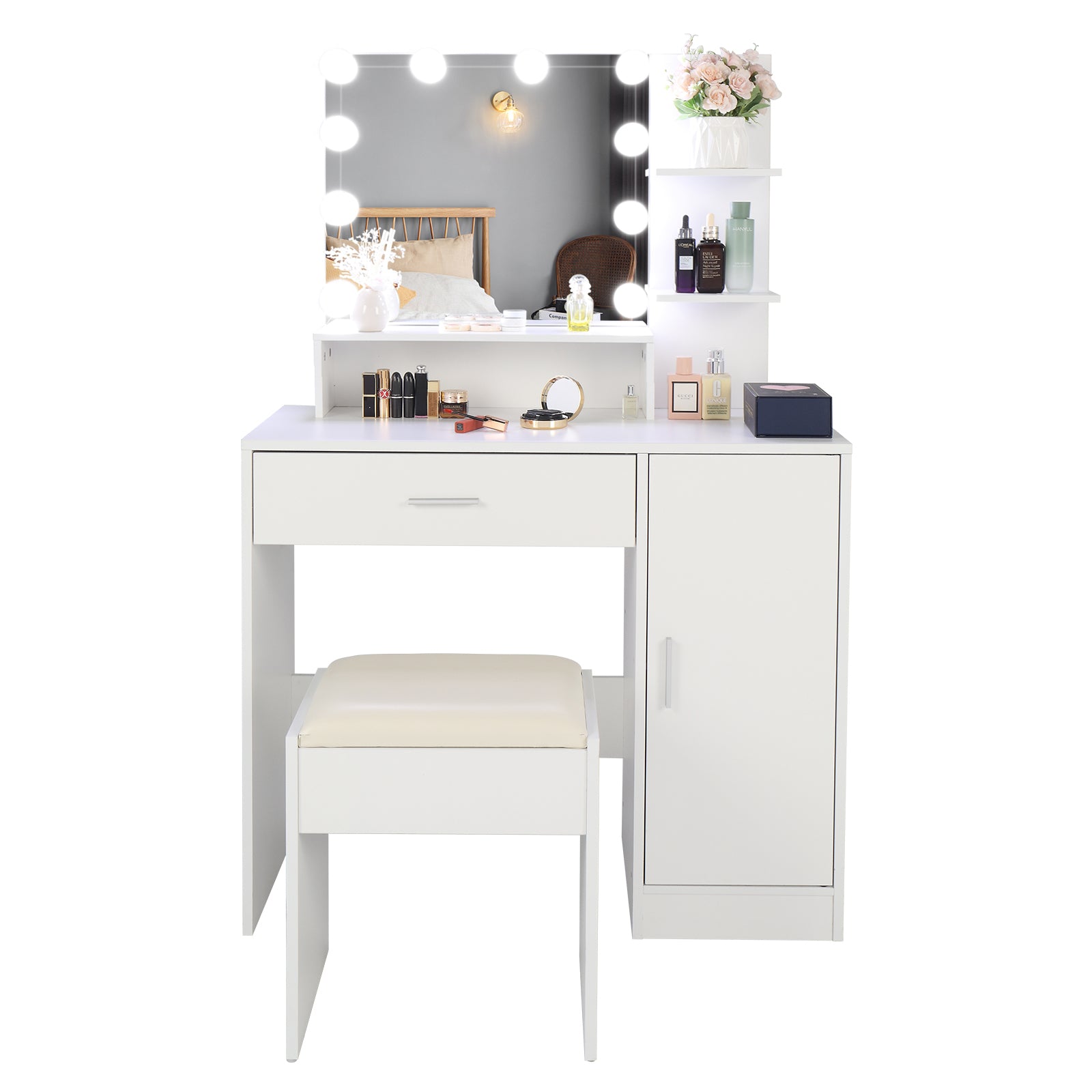 HAOYYE Large Vanity Set with LED Bulbs Makeup Table, Cushioned Stool, Multiple Storage Shelves, Drawer and Cabinet, Elegant Dressing Table Desk for Bedroom and Personal Use
