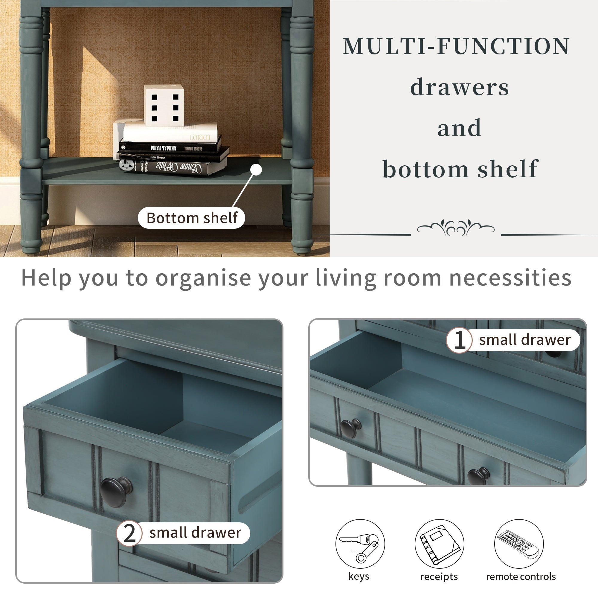HAOYYE Narrow Console Table, Slim Sofa Table with Three Storage Drawers and Bottom Shelf for Living Room, Navy, Sturdy Space-Saving Design, Heavy Duty Construction, Easy Assembly, Durable and Stylish Home Furniture, Versatile for Hallway or Entryway Use