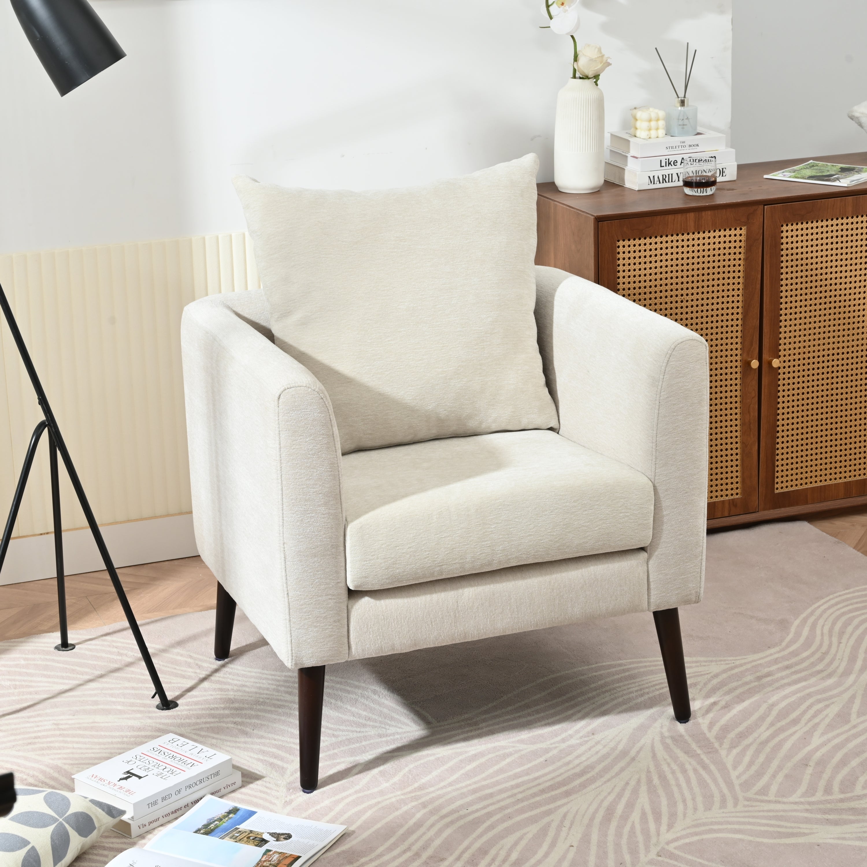 HAOYYE Barrel Chair, Chenille Accent Chair, Fabric Armchair Club Chair,Upholstered Arm Chair with Solid Wood Legs,Waist Pillow,Padded Single Chair for Living Room/Bedroom/Study/Waiting Room,Beige Sturdy