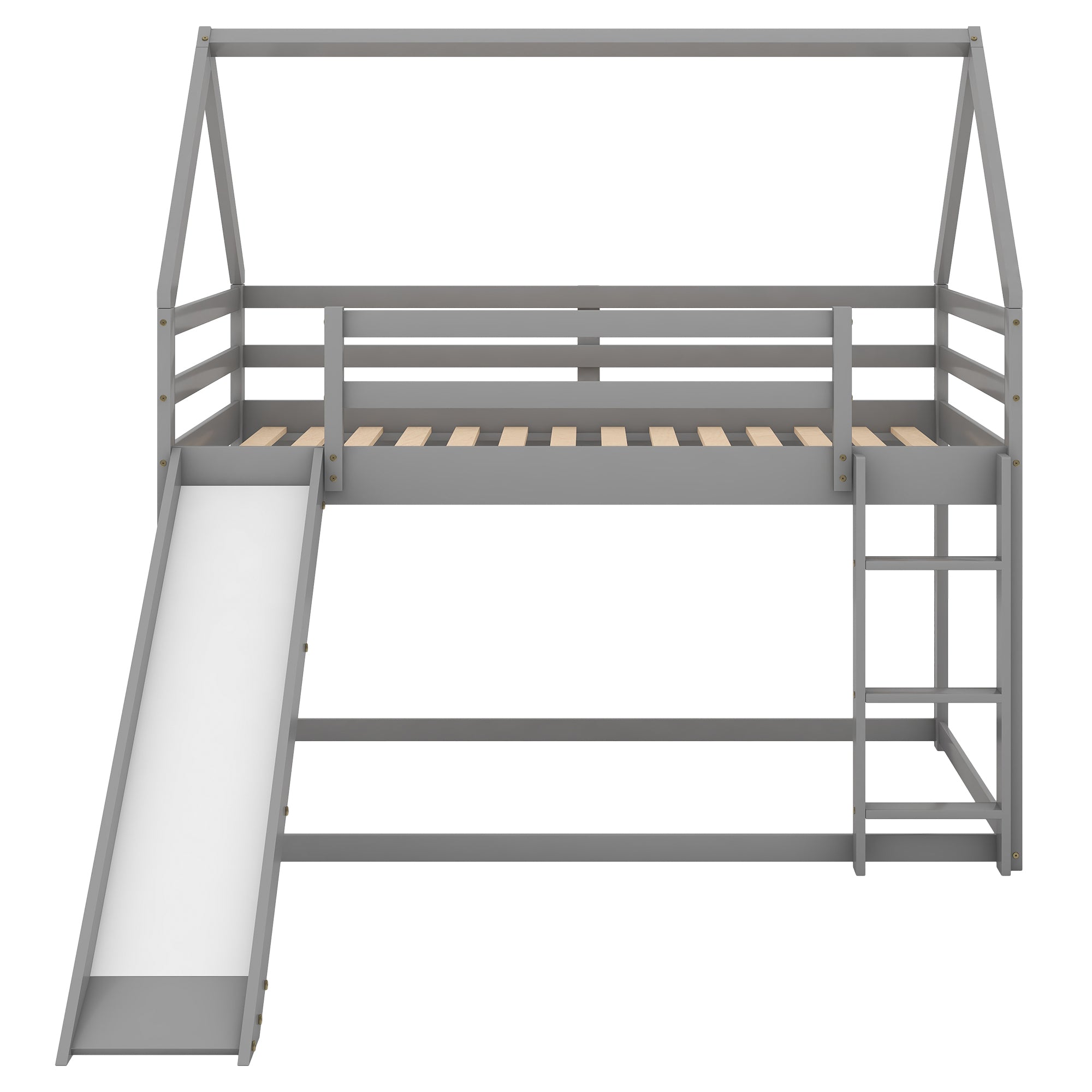 HAOYYE Twin Size Bunk House Bed with Slide and Ladder,Gray Sturdy Space-Saving Heavy Duty Modern Design Adults Dorm Room Easy Assembly Bedroom Furniture