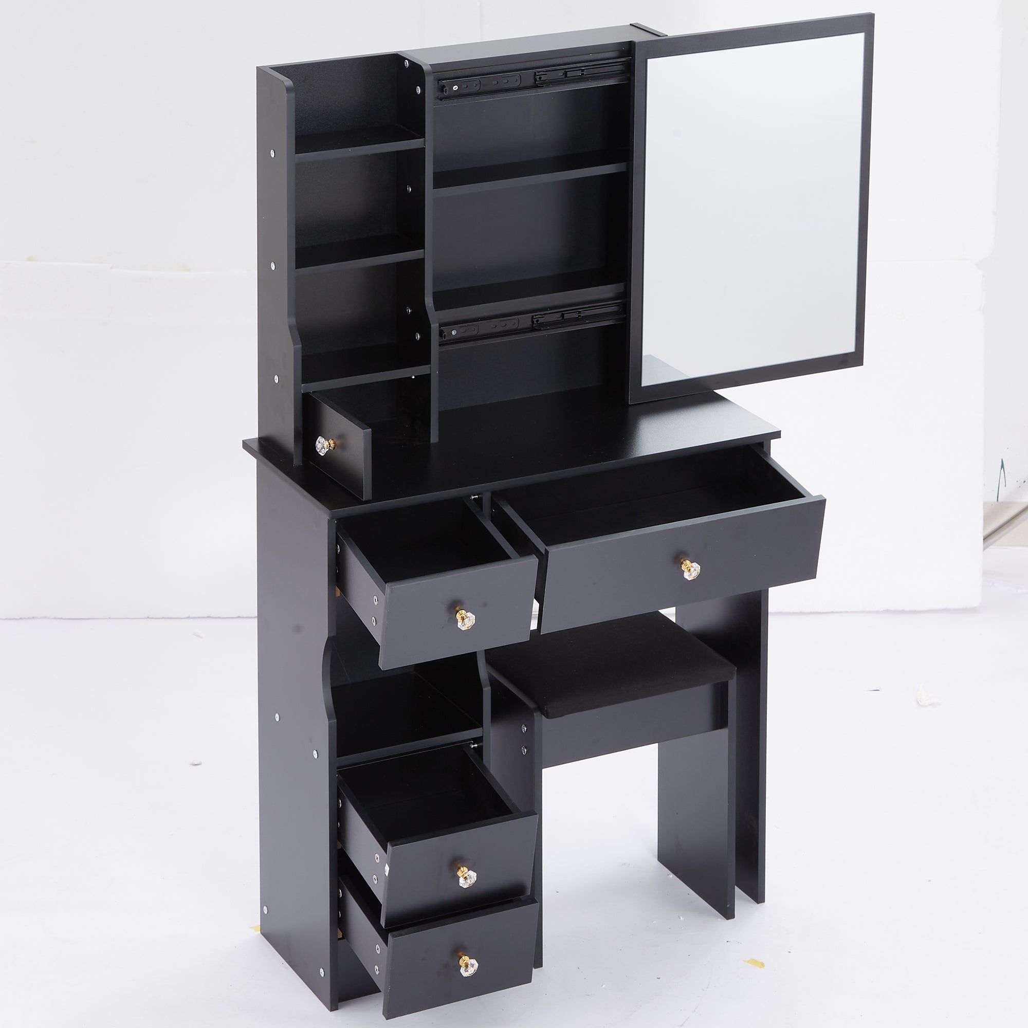 HAOYYE Small Size Left Drawer Desktop Vanity Table + Cushioned Stool, Extra Large Sliding Mirror, Multi Layer, High Capacity Storage Fashionable Dresser, Suitable for Small Space, EPA,GCC,UL Certificate