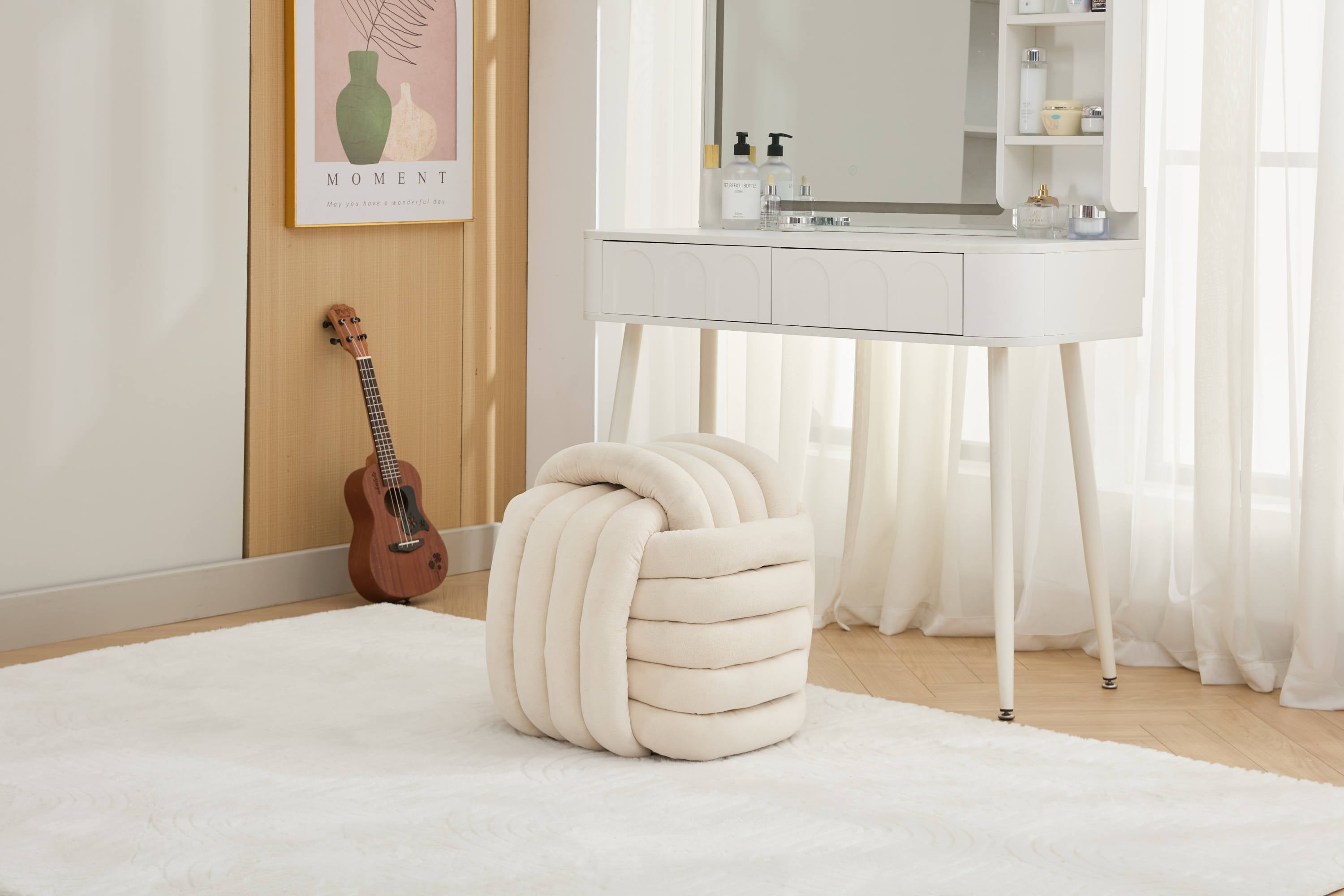 Haoyye Chenille Fabric Knot Design Ottoman Footstool Makeup Stool, Comfortable and Stylish Seat, Modern Upholstered Chair for Living Room or Bedroom, Beige, Sturdy and Space-Saving Furniture