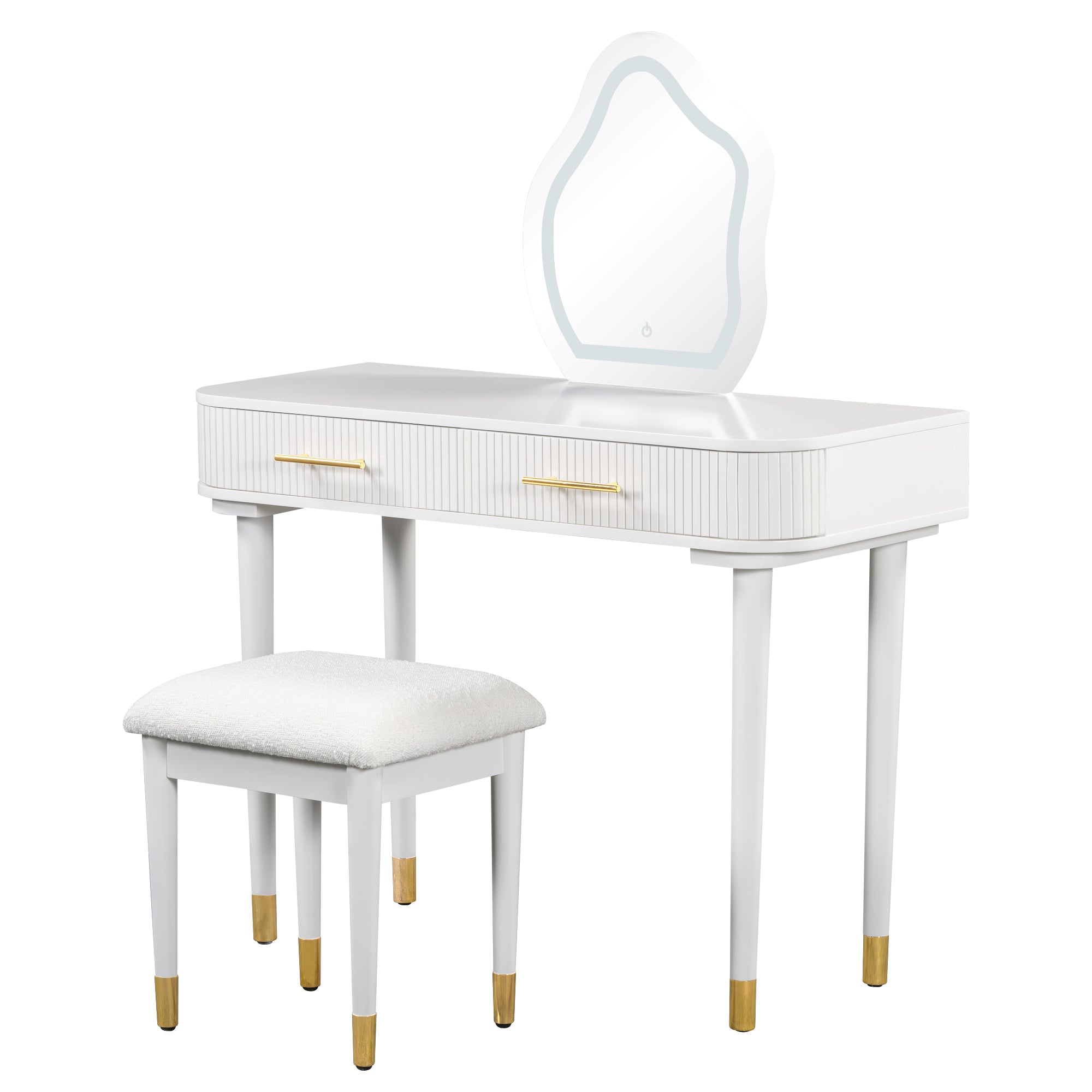 HAOYYE 40" Modern Vanity Table Set with Mirror Touch Screen Lighted Mirror, Dressing Table and Cushioned Stool Set with 2 Large Drawers, White