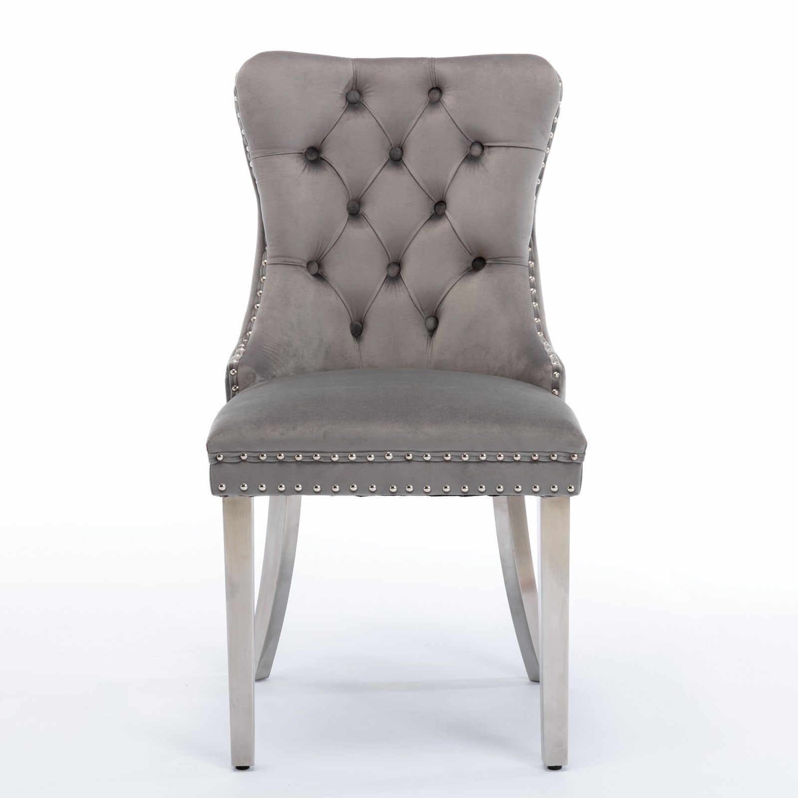 HAOYYE High-end Tufted Solid Wood Contemporary Velvet Upholstered Dining Chair with Chrome Stainless Steel Plating Legs,Nailhead Trim,Set of 2,Gray and Chrome, SW1701GY