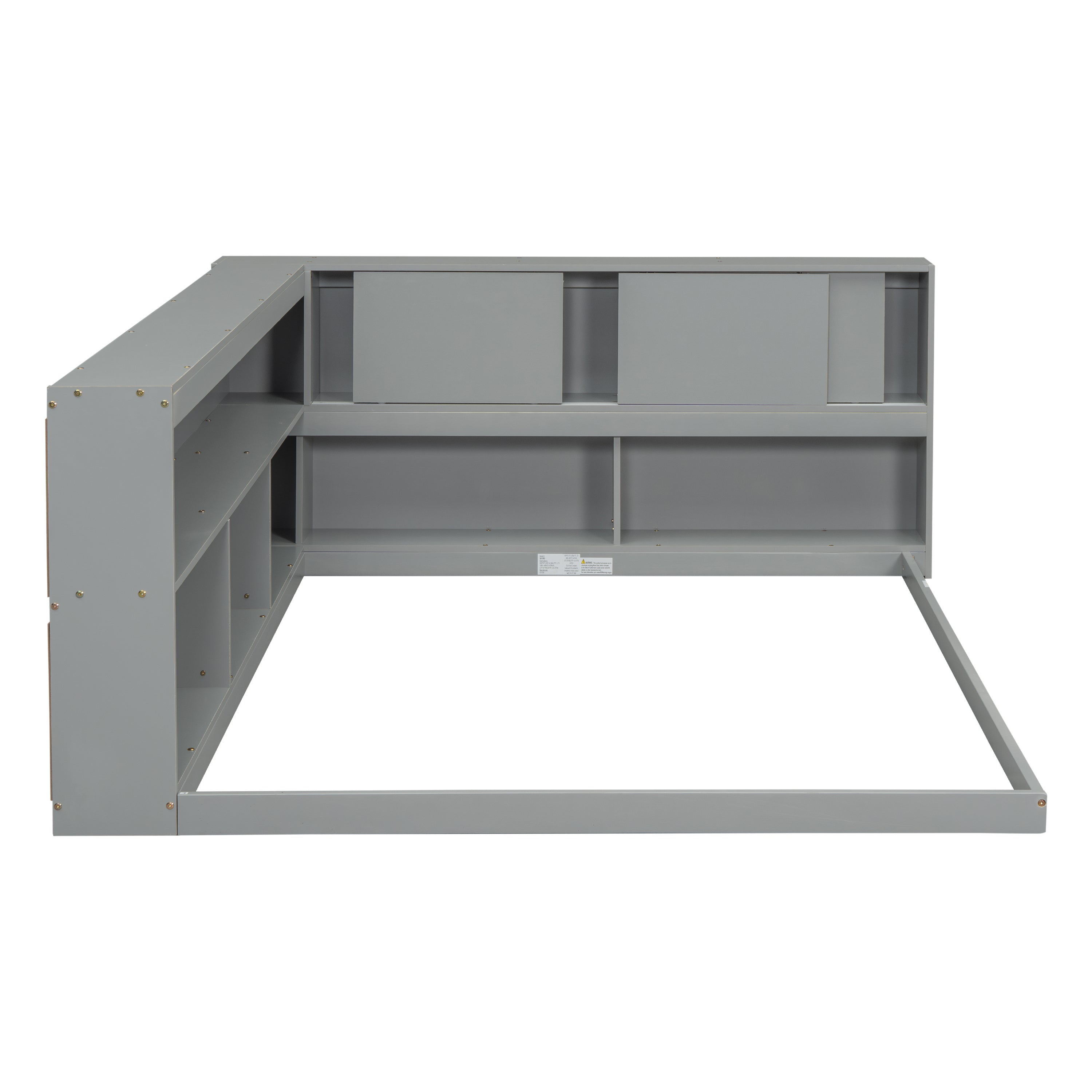 HAOYYE Full Floor Bed with L-shaped Bookcases, sliding doors,without slats,Grey Sturdy Space-Saving Heavy Duty Modern Design Easy Assembly Durable Stylish Home Furniture Versatile