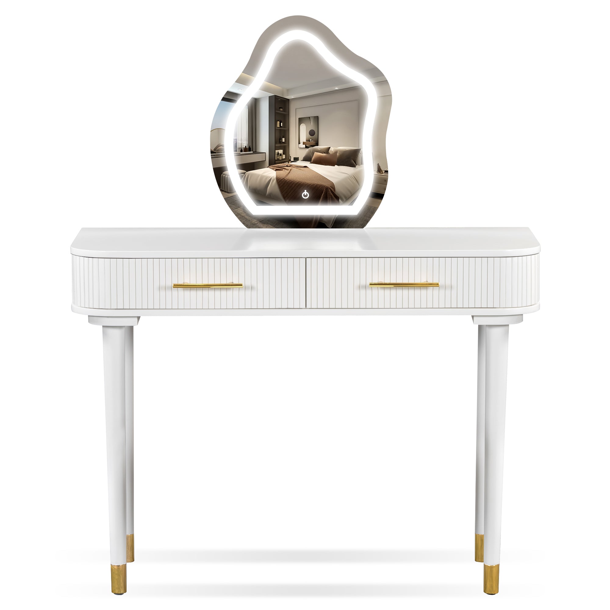 HAOYYE 40" Modern Vanity Table Set with Mirror Touch Screen Lighted Mirror, Dressing Table and Cushioned Stool Set with 2 Large Drawers, White
