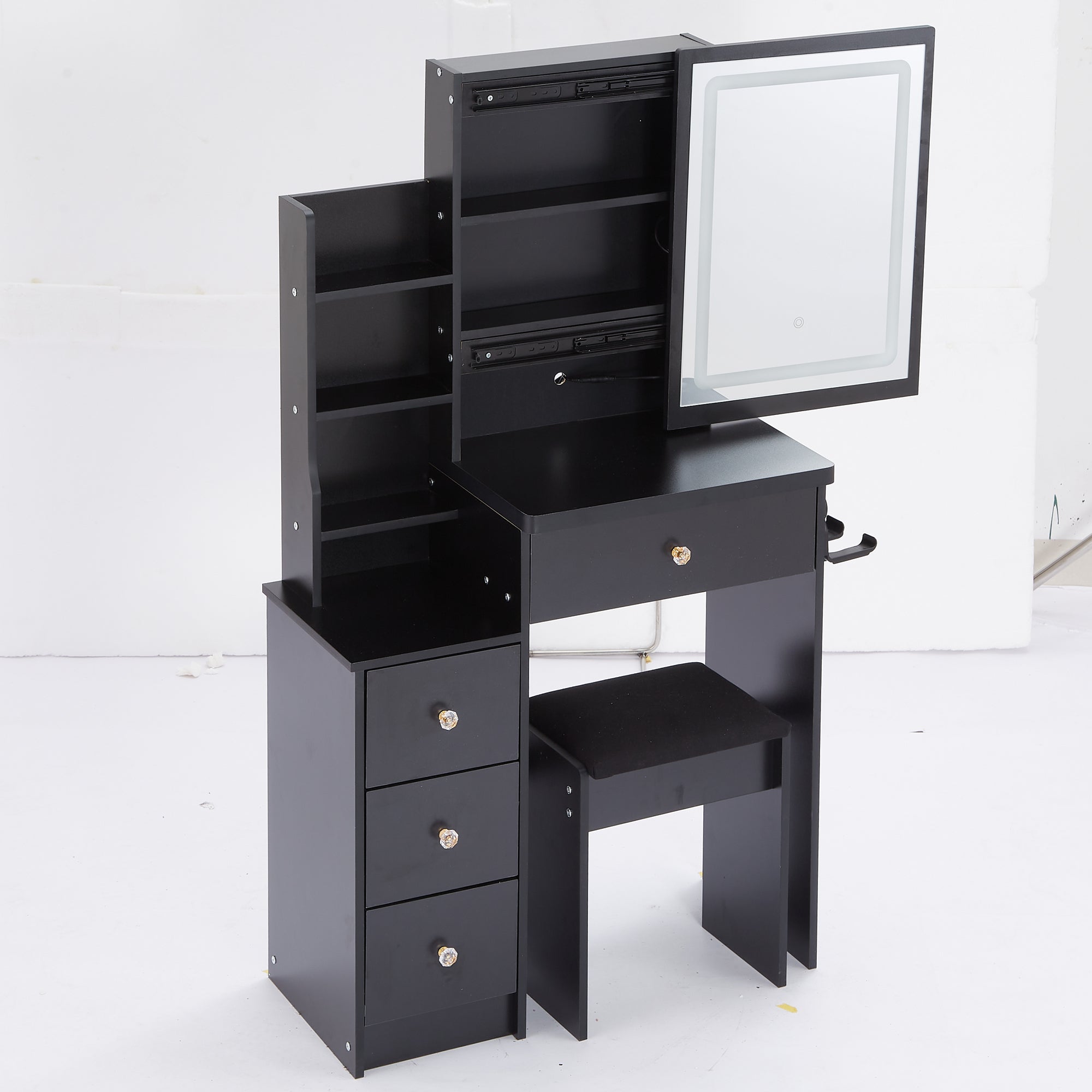 HAOYYE Small Size Left Bedside Cabinet Vanity Table + Cushioned Stool, 2 AC+2 USB Power Station, Hair dryer bracket, Extra Large Touch Control Sliding LED Mirror, Tri-color Switching, EPA,GCC,UL Certificate