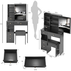 HAOYYE Small Size Left Drawer Desktop Vanity Table + Cushioned Stool, Extra Large Sliding Mirror, Multi Layer, High Capacity Storage Fashionable Dresser, Suitable for Small Space, EPA,GCC,UL Certificate