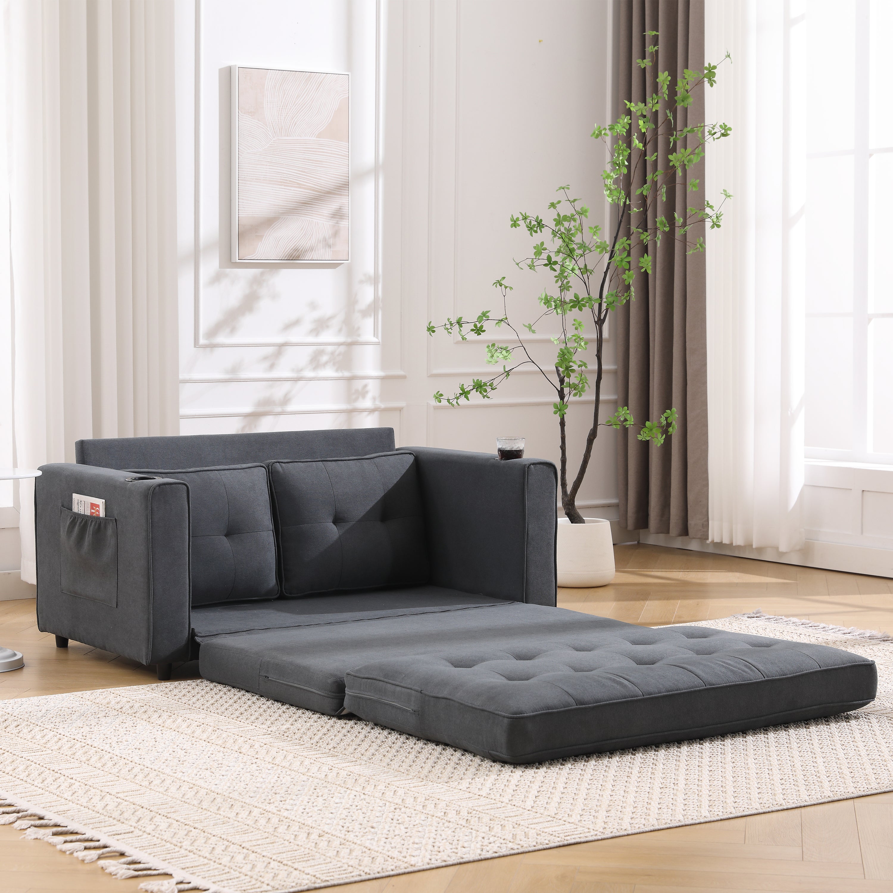 HAOYYE 3-in-1 Upholstered Convertible Futon Sofa Bed, Foldable Tufted Loveseat with Pull-Out Sleeper, Daybed with Side Pockets and Cup Holder, Dark Gray Sturdy Space-Saving Modern Design Easy Assembly