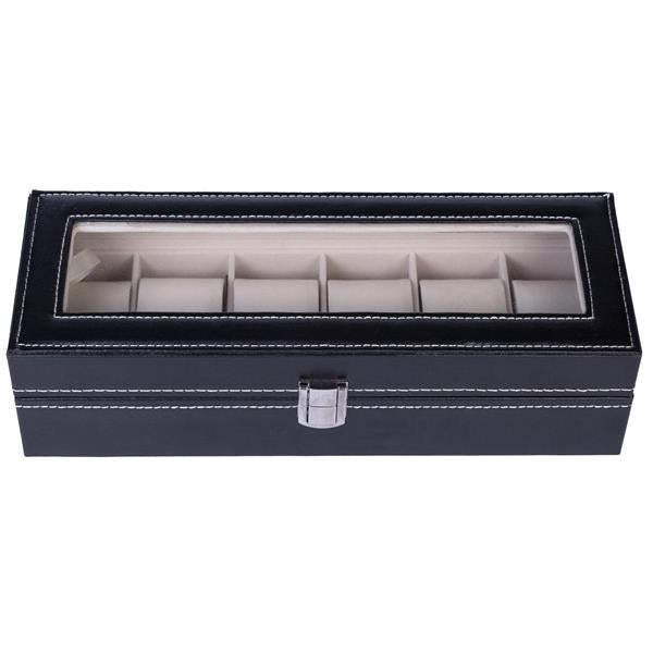HAOYYE 6-Compartment Luxury Leather Watch Box - High-Grade Black Leather Watch Organizer with Soft Plush Lining, Sleek and Compact Design, Premium Quality Decorative Display Case for Men’s and Women’s Watches, Perfect for Home or Travel Storage