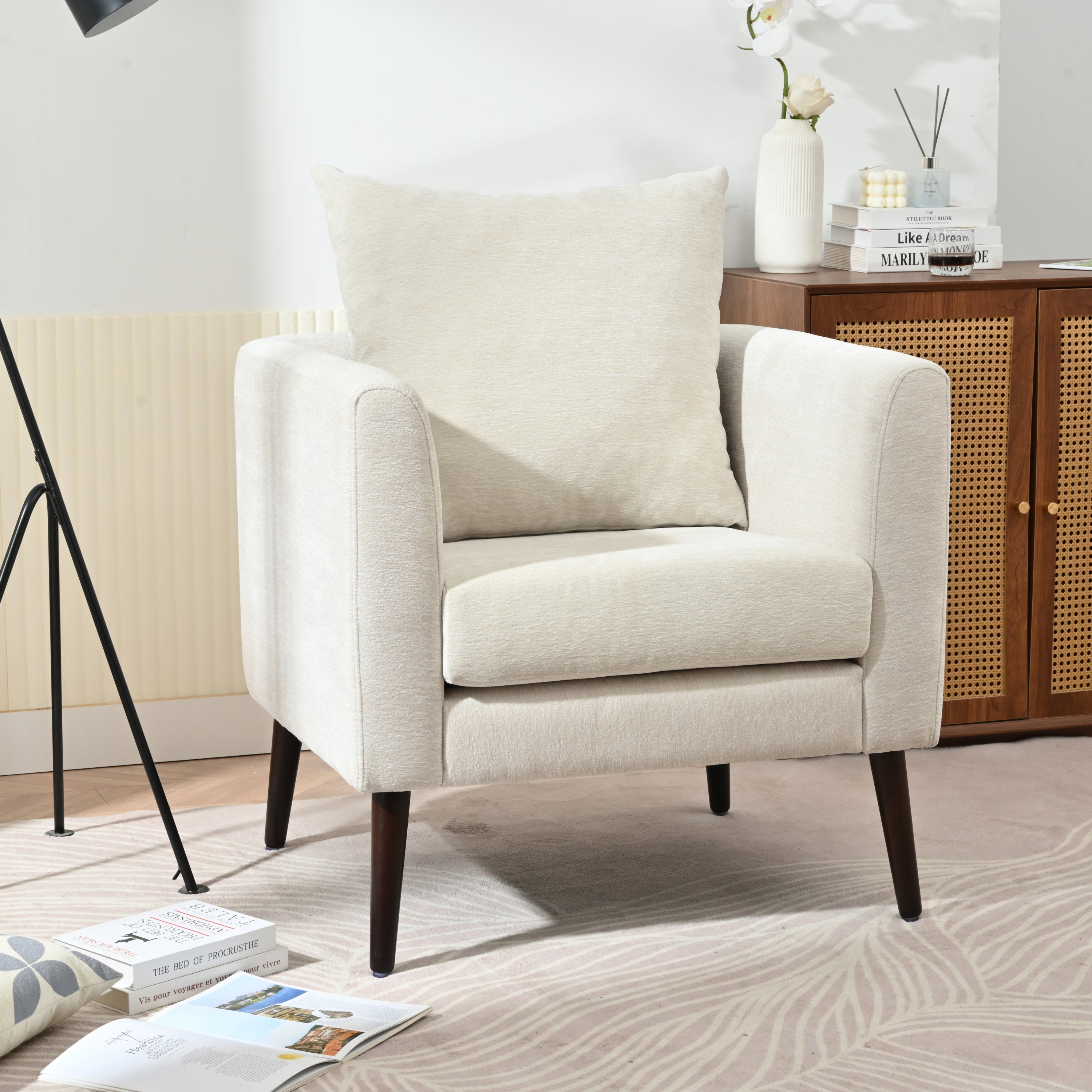 HAOYYE Barrel Chair, Chenille Accent Chair, Fabric Armchair Club Chair,Upholstered Arm Chair with Solid Wood Legs,Waist Pillow,Padded Single Chair for Living Room/Bedroom/Study/Waiting Room,Beige Sturdy