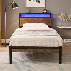 HAOYYE Twin Size Metal Platform Bed Frame with Wooden Headboard and Footboard with USB LINER, LED Lights ,No Box Spring Needed, Large Under Bed Storage, Easy Assemble Sturdy Space-Saving Heavy Duty Durable