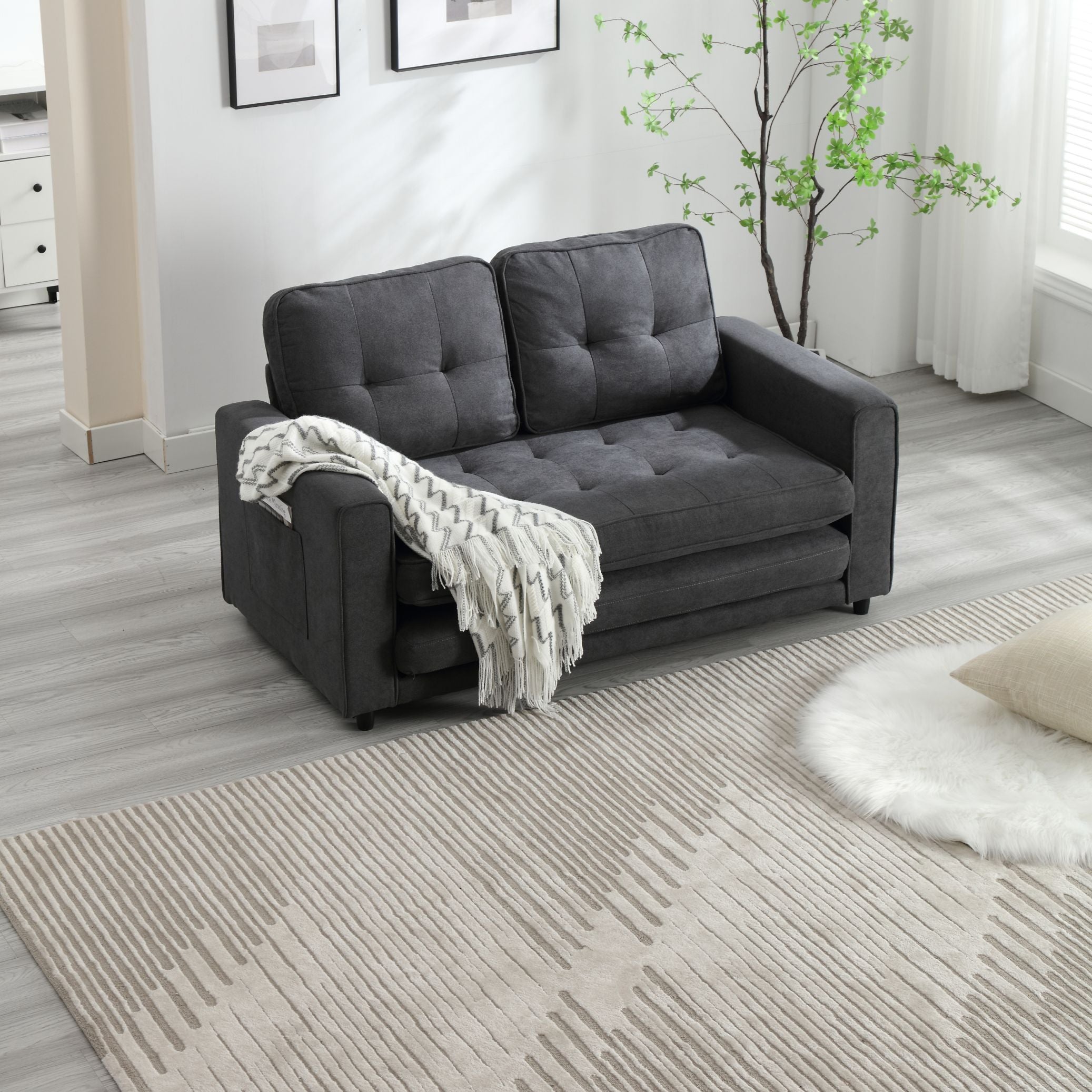 HAOYYE 3-Fold Convertible Futon Couch, Pull Out Sofa Bed, Space-Saving Loveseat Sleeper, Velvet Linen Fabric Upholstery, Heavy Duty Durable Sofa for Living Room, Modern Compact Design, Dark Gray, Light Gray, Beige