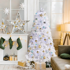 HAOYYE White Artificial Christmas Tree 6FT Hanging Structure with 845 PVC Branches, 300 LED Lights with 8 Modes and Remote Control, Round Head Design, Durable Iron Base, Easy Assembly for Home and Office Holiday Decorations