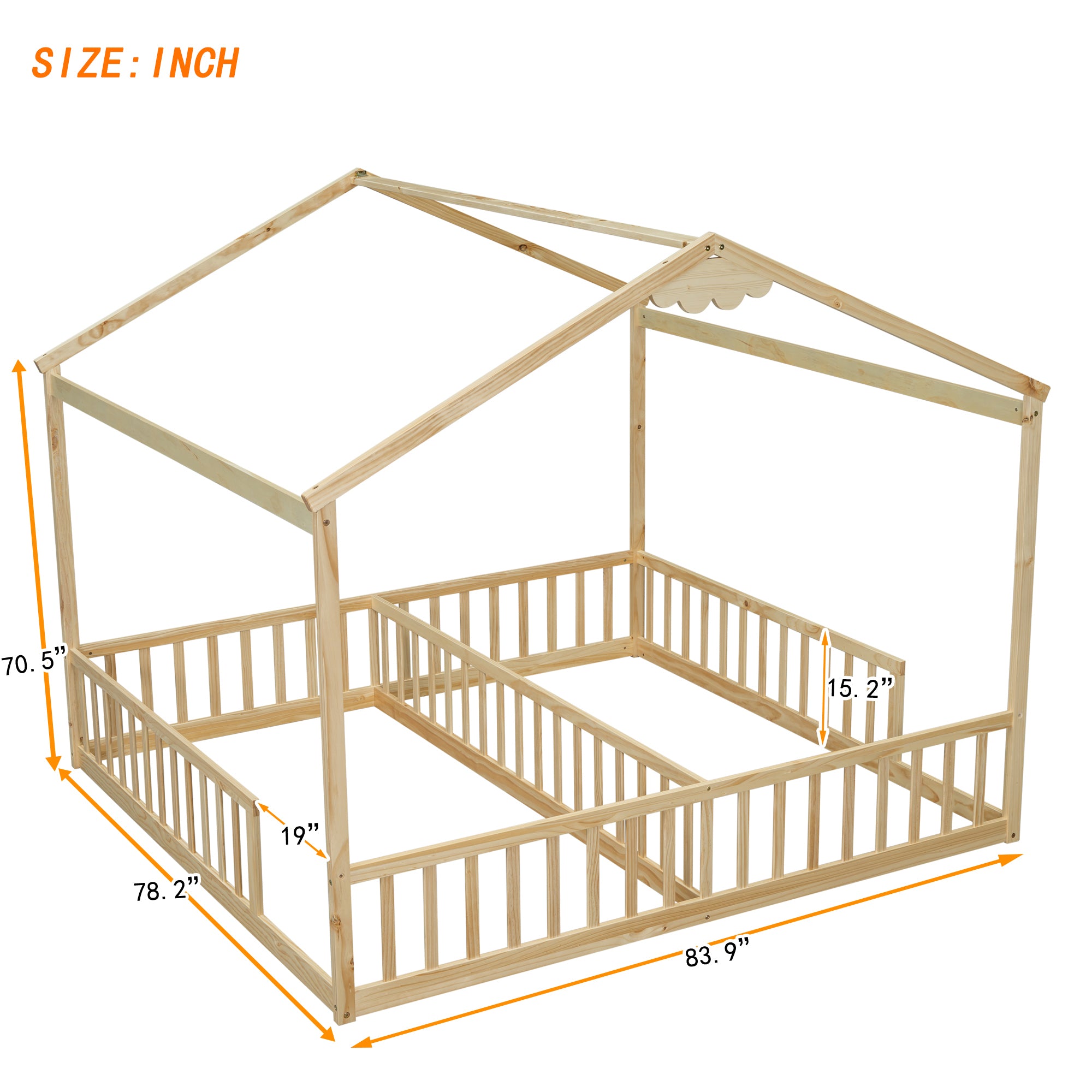 HAOYYE Double Twin House-Style Floor Bed with Fence, Guardrails, without door, Natural Sturdy Space-Saving Heavy Duty Modern Design Adults Dorm Room Easy Assembly Bedroom Furniture