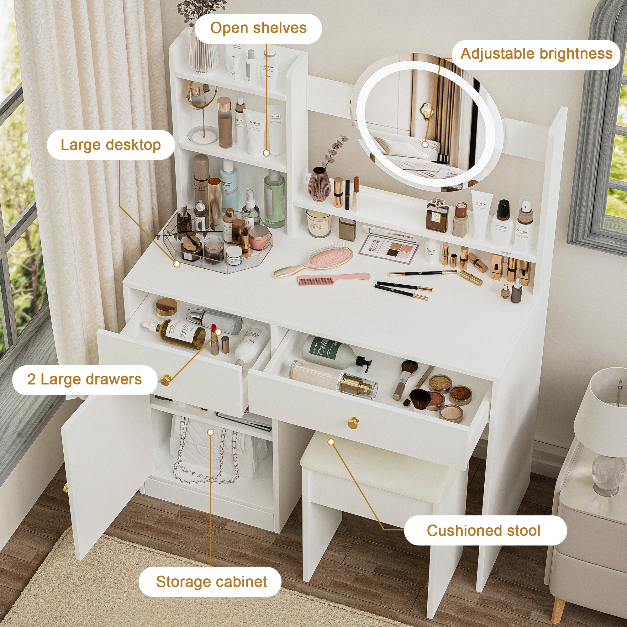 HAOYYE Fashion Vanity Desk with Mirror and Lights for Makeup and Cushioned Chair, Vanity Mirror with Lights and Table Set with 3 Color Lighting Brightness Adjustable,Dressing table, White Color Sturdy