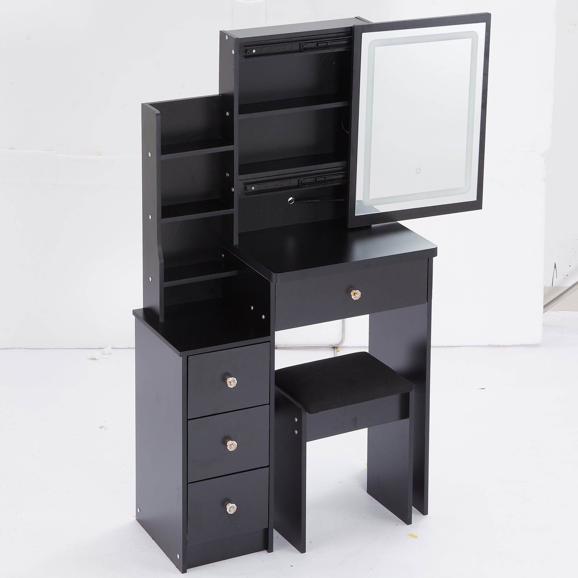 HAOYYE Small Size Left Bedside Cabinet Vanity Table + Cushioned Stool, Touch Control Sliding LED Mirror, Tri-color Switching, Brightness Adjust, Multi Layer, Suitable for Small Space, EPA,GCC,UL Certificate