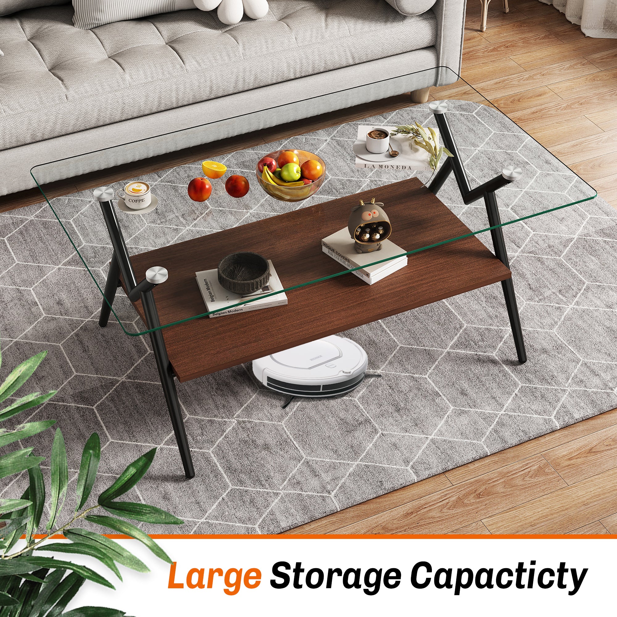 HAOYYE Rectangle Coffee Table with Tempered Glass top and Black Metal Legs, Modern Table for Living Room , Transparent Glass Sturdy Space-Saving Heavy Duty Modern Design Adults Dorm Room Easy Assembly