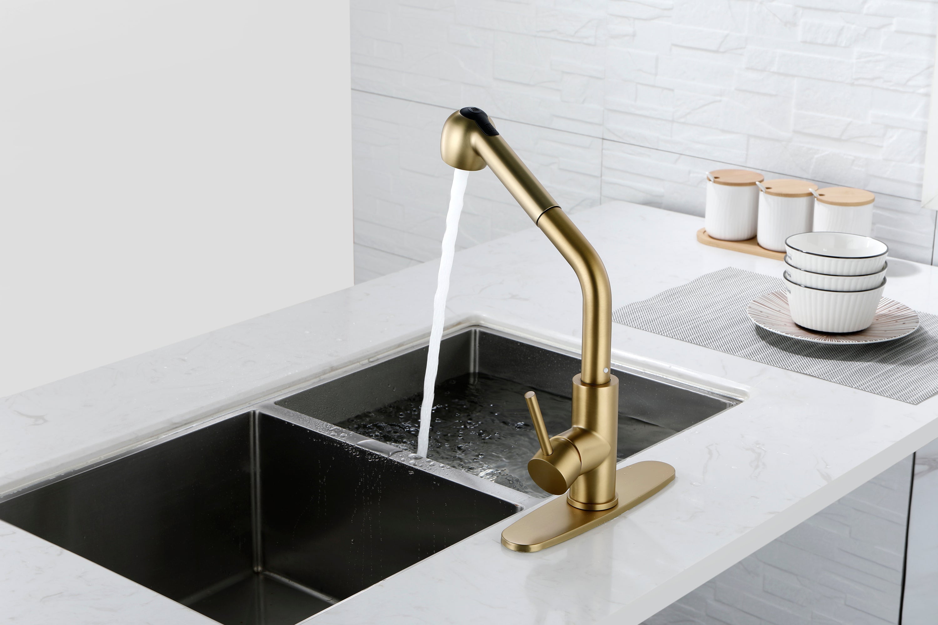 Haoyye Single-Handle Pull-Out Utility Sink Faucet, Stainless Steel High Arc Faucet with Dual Spray Function and 360° Swivel Spout, Easy DIY Installation, Spot-Resistant Finish, Modern Heavy Duty Design for Laundry Room, Kitchen, or Utility Sink