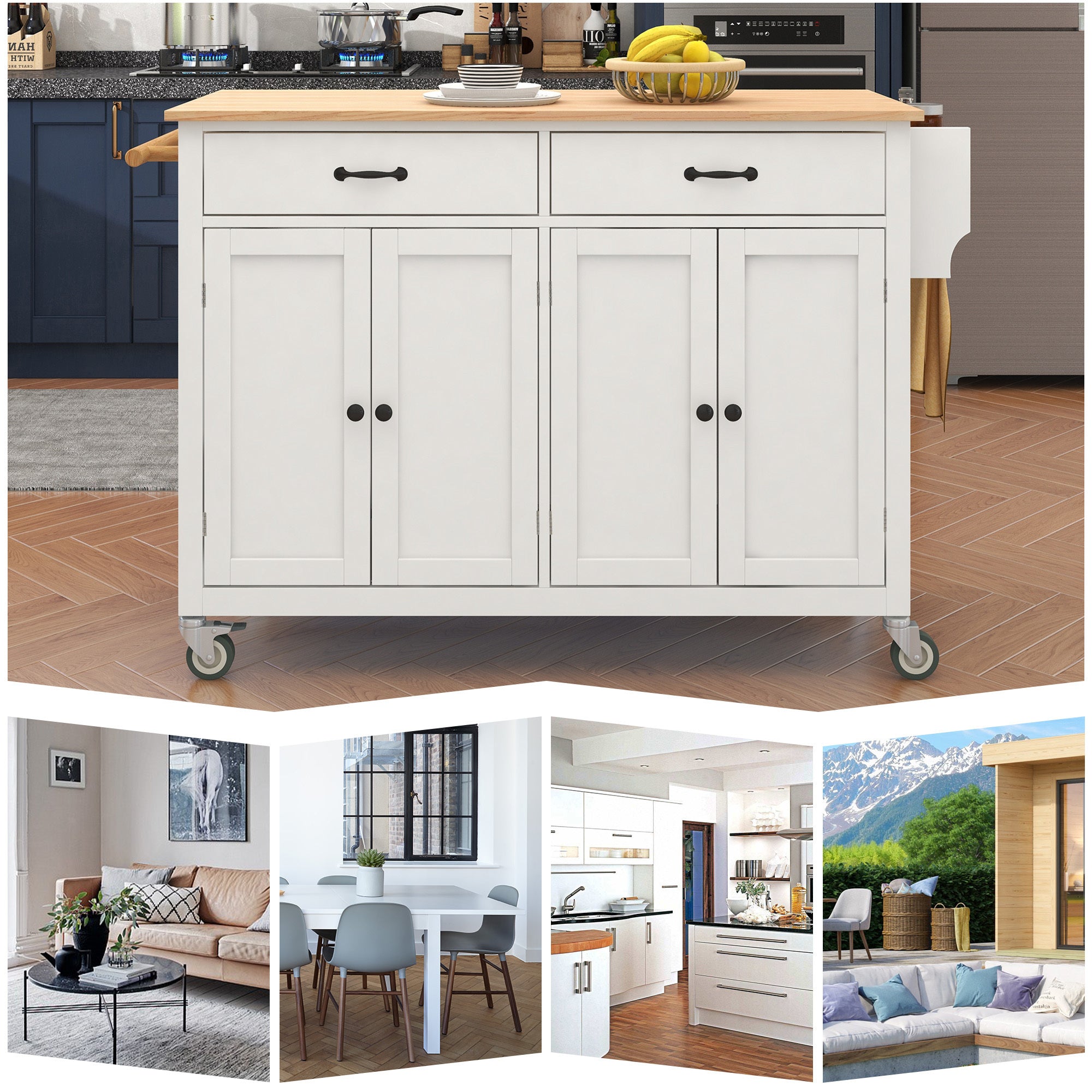 HAOYYE Kitchen Island Cart with Solid Wood Top, Locking Wheels, Four Door Cabinet, Two Drawers, Spice Rack, and Towel Rack, White, Sturdy Space-Saving Design, Heavy Duty Construction, Easy Assembly, Durable and Stylish Home Furniture