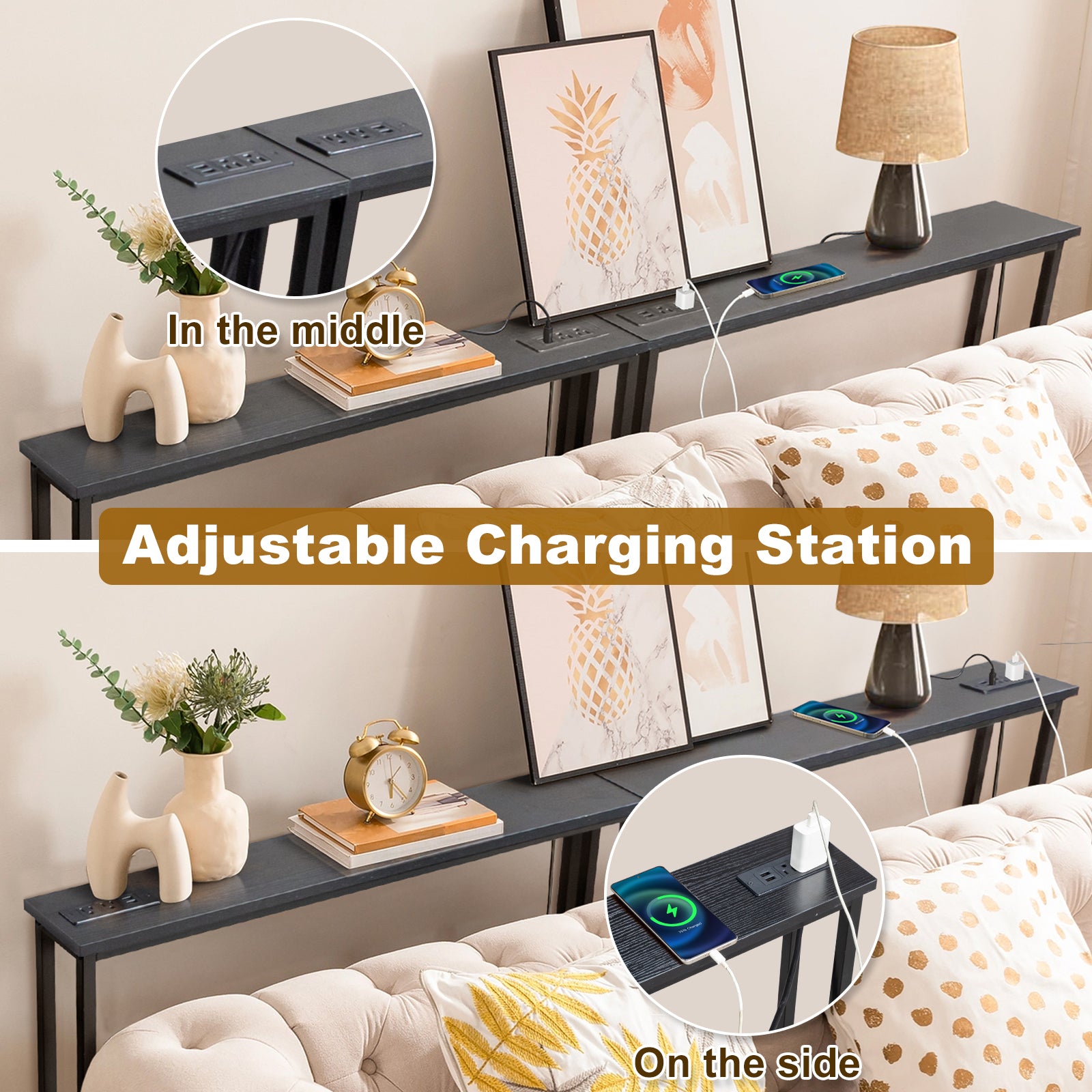 HAOYYE Black Narrow Console Sofa Table 2 Pack With Built-In Power Outlets And USB Charging Ports, Space-Saving Long Couch Table With Metal Frame And Anti-Tip Design, Perfect For Apartments Dorms Living Rooms