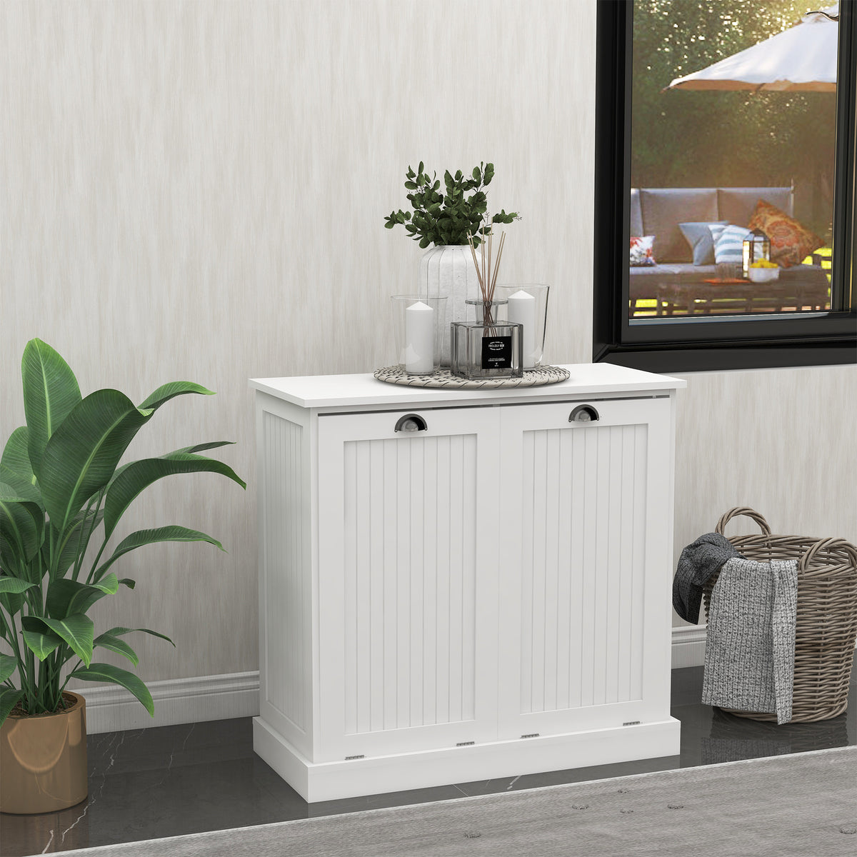 HAOYYE Two-Compartment Tilt-Out Laundry Sorter Cabinet-White Sturdy Space-Saving Heavy Duty Modern Design Easy Assembly Durable Stylish Home Furniture Versatile