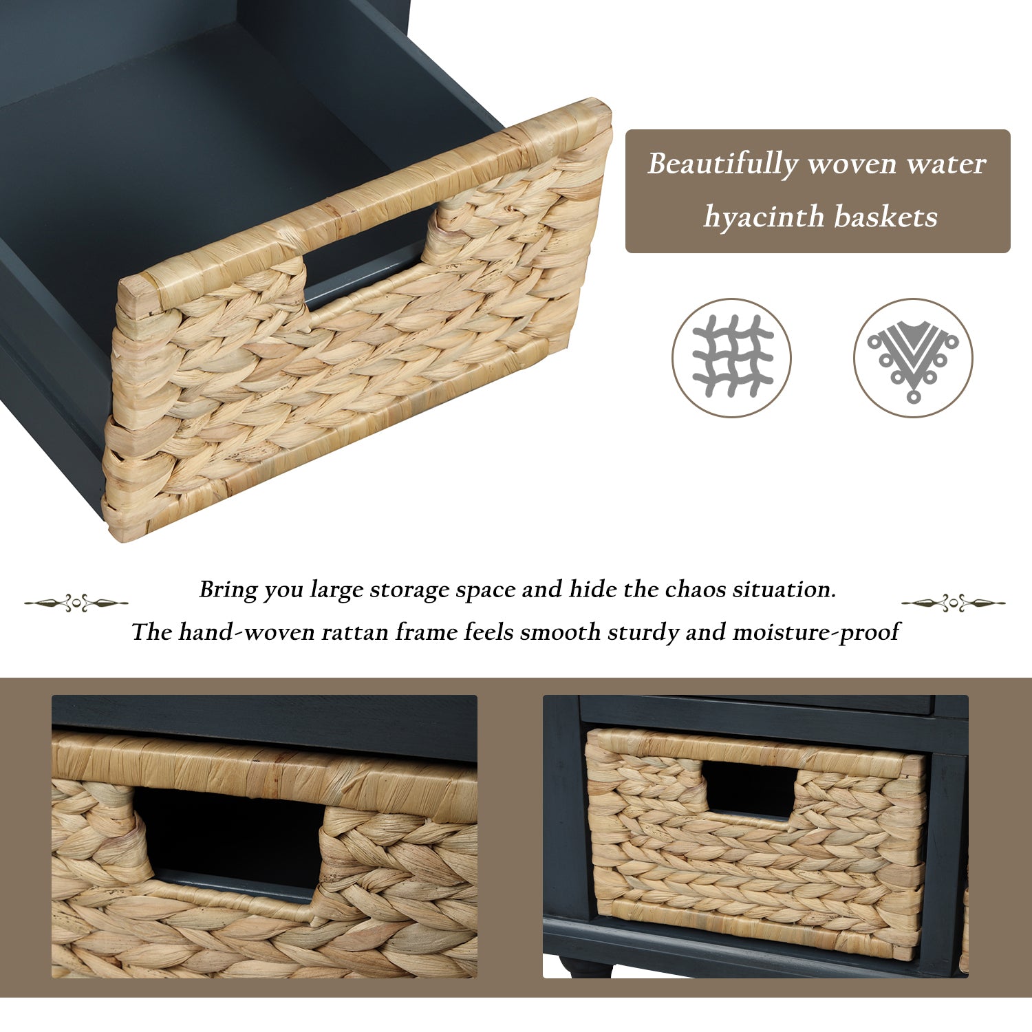HAOYYE Rustic Storage Bench with Three Drawers and Three Rattan Baskets, Shoe Bench for Living Room or Entryway, Antique Navy, Sturdy Space-Saving Design, Heavy Duty Construction, Easy Assembly, Durable and Stylish Home Furniture