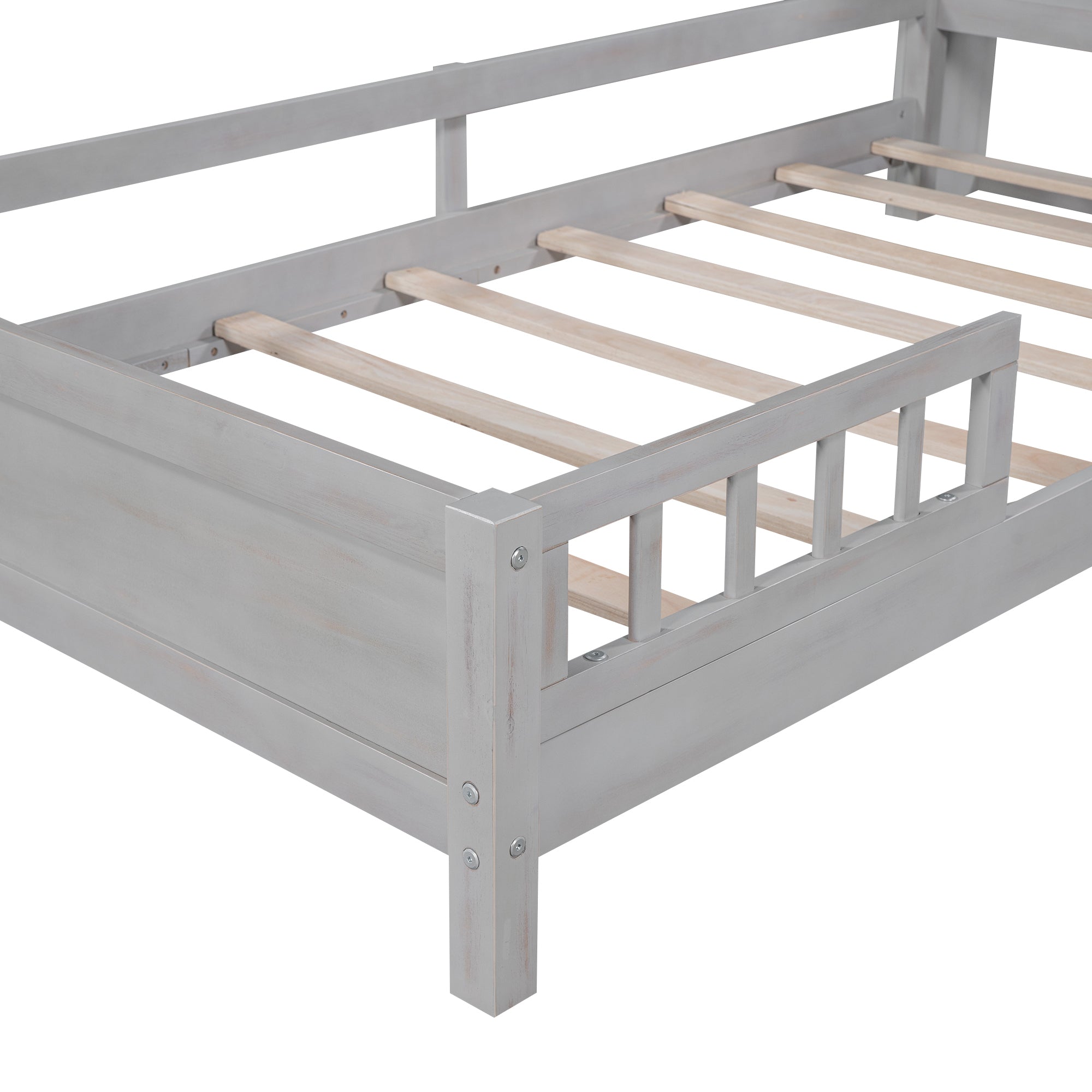 HAOYYE Wood Twin Size Platform Bed with Built-in LED Light, Storage Headboard and Guardrail, Antique Grey Sturdy Space-Saving Heavy Duty Modern Design Adults Dorm Room Easy Assembly Bedroom Furniture