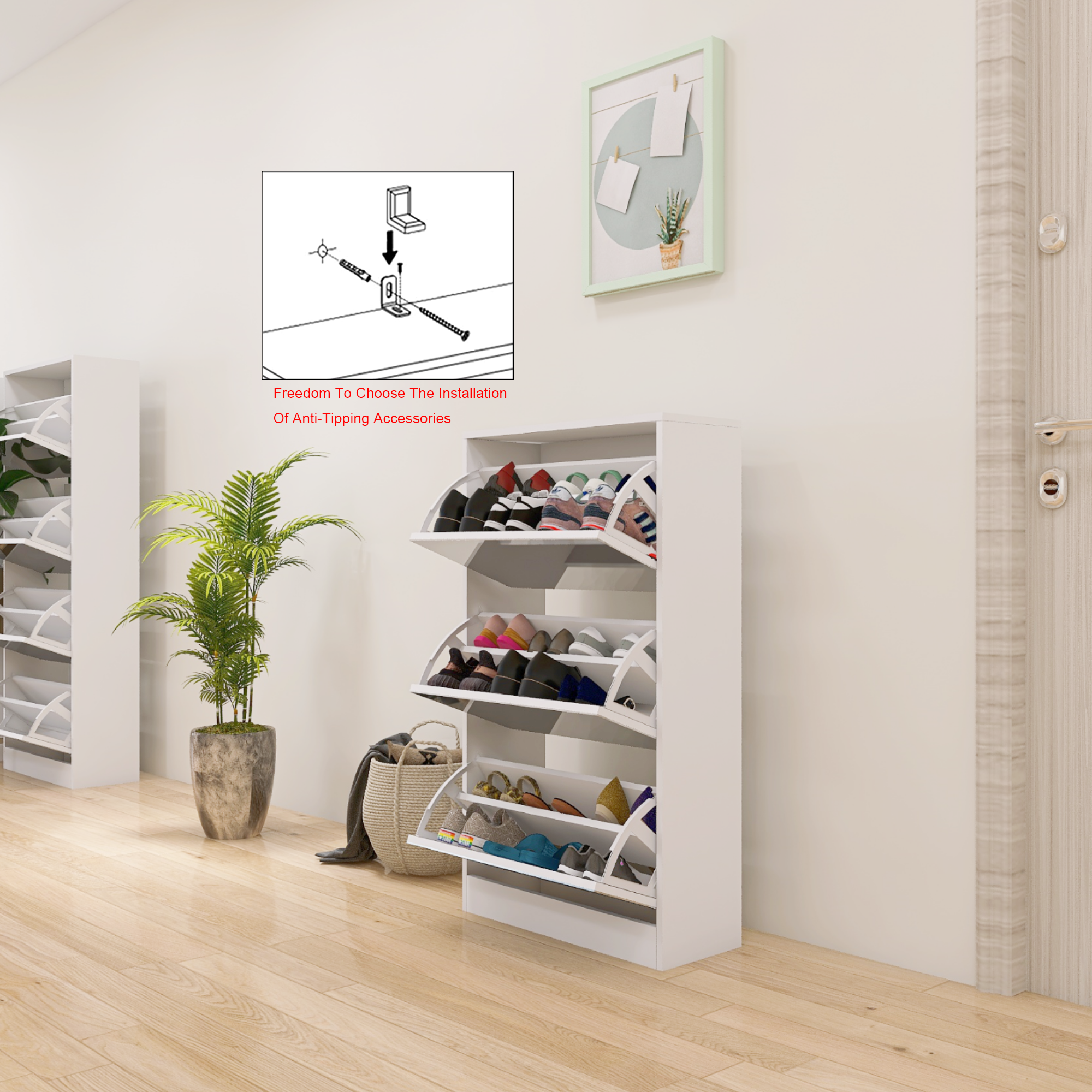 HAOYYE Narrow Shoe Storage Cabinet with Mirror, Wood Slim Shoe Rack 3 Tier Shoe Organizer for Home and Apartment, White Sturdy Space-Saving Heavy Duty Modern Design Adults Dorm Room Easy Assembly