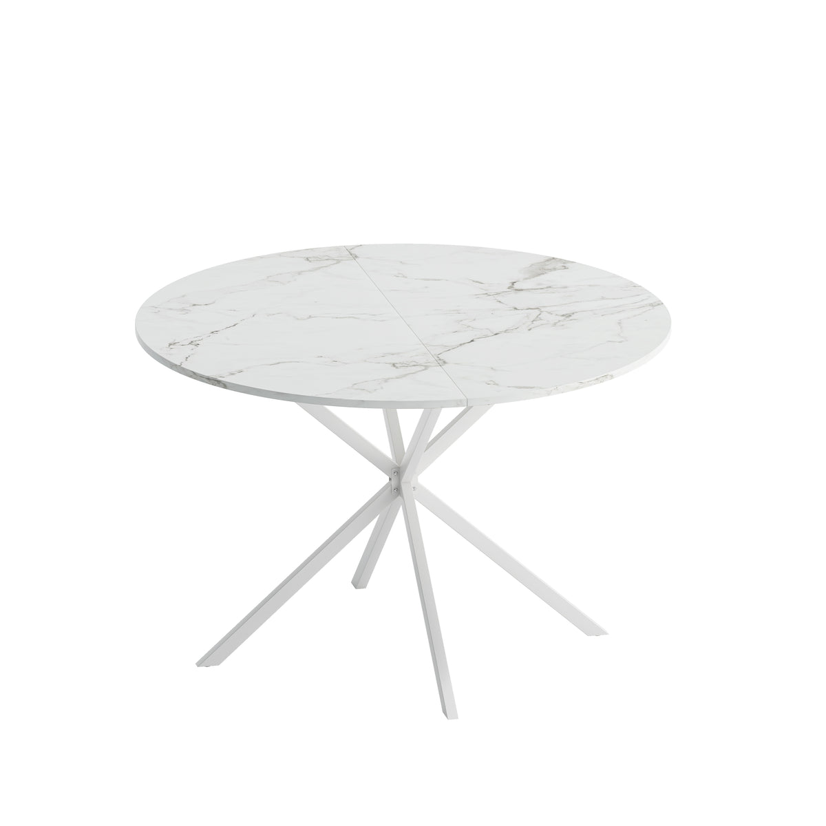 HAOYYE White Marble Top Round Dining Table With Cross-Leg Design, Removable Two-Piece Top, Matte Finish Iron Legs, Modern Sturdy Space-Saving Heavy Duty Construction, Ideal For Adults’ Dining Rooms And Small Spaces