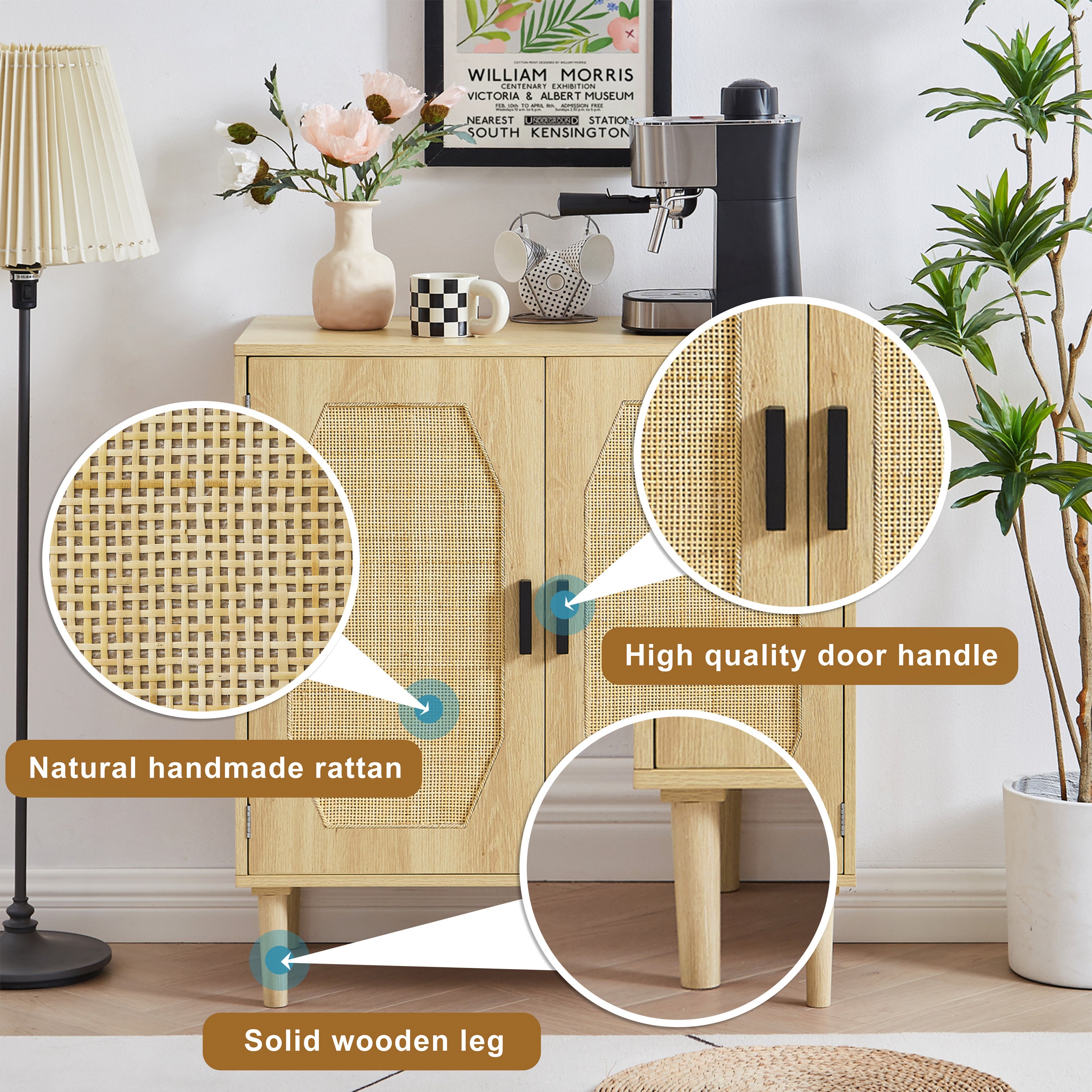 HAOYYE Kitchen storage cabinets with rattan decorative doors, buffets, wine cabinets, dining rooms, hallways, cabinet console tables, Natural, Sturdy Space-Saving Heavy Duty