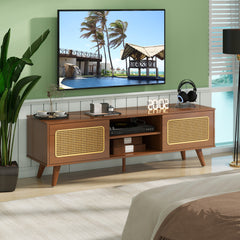 HAOYYE Mid Century Modern Rattan TV Stand for 55/60/65 inch TV , Entertainment Cabinet, Media Console for Living Room Bedroom Media Room, Solid Wood Feet & Rattan Cabinet Doors (Walnut, 59") Sturdy