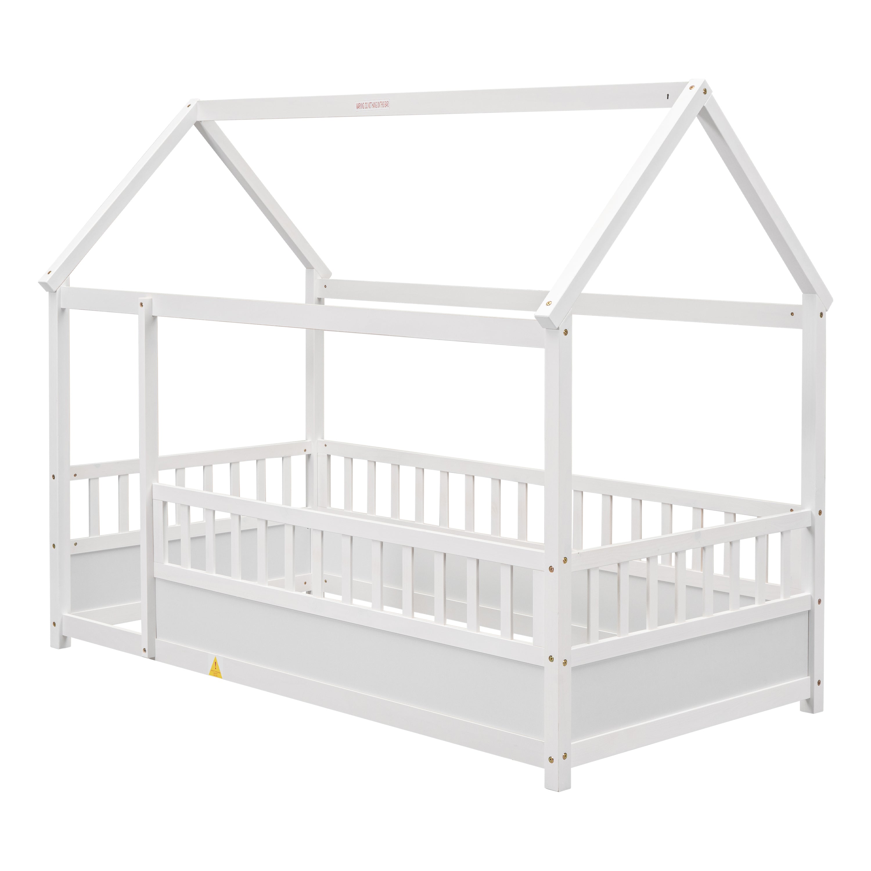 HAOYYE Twin Size Floor Wooden Bed with House Roof Frame, Fence Guardrails,White Sturdy Space-Saving Heavy Duty Modern Design Adults Dorm Room Easy Assembly Bedroom Furniture