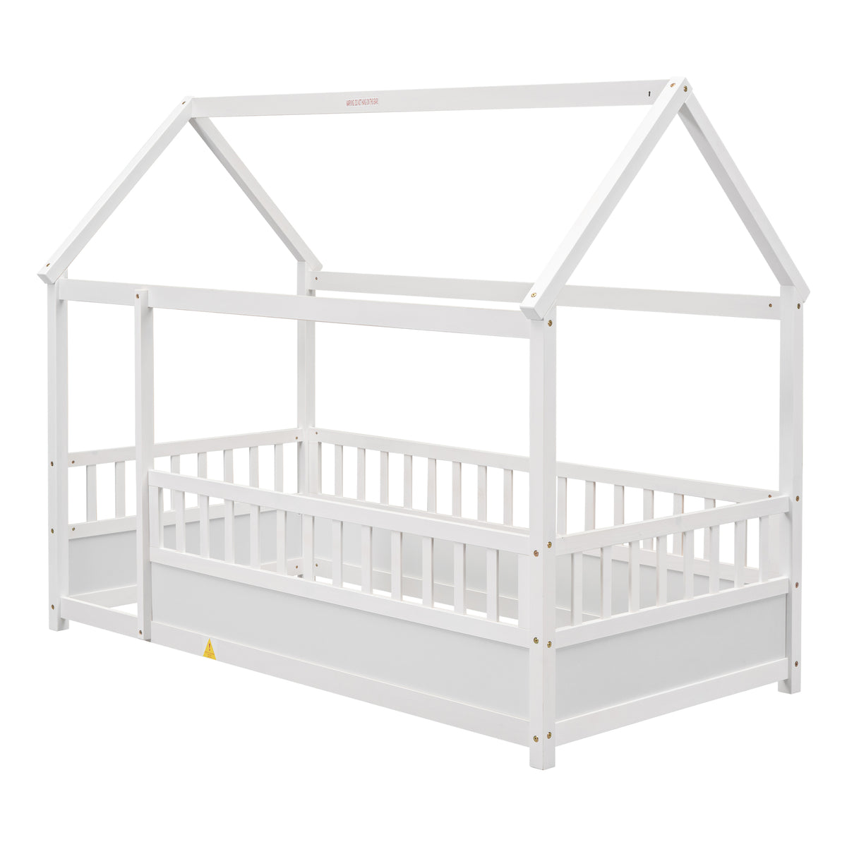 HAOYYE Twin Size Floor Wooden Bed with House Roof Frame, Fence Guardrails,White Sturdy Space-Saving Heavy Duty Modern Design Adults Dorm Room Easy Assembly Bedroom Furniture