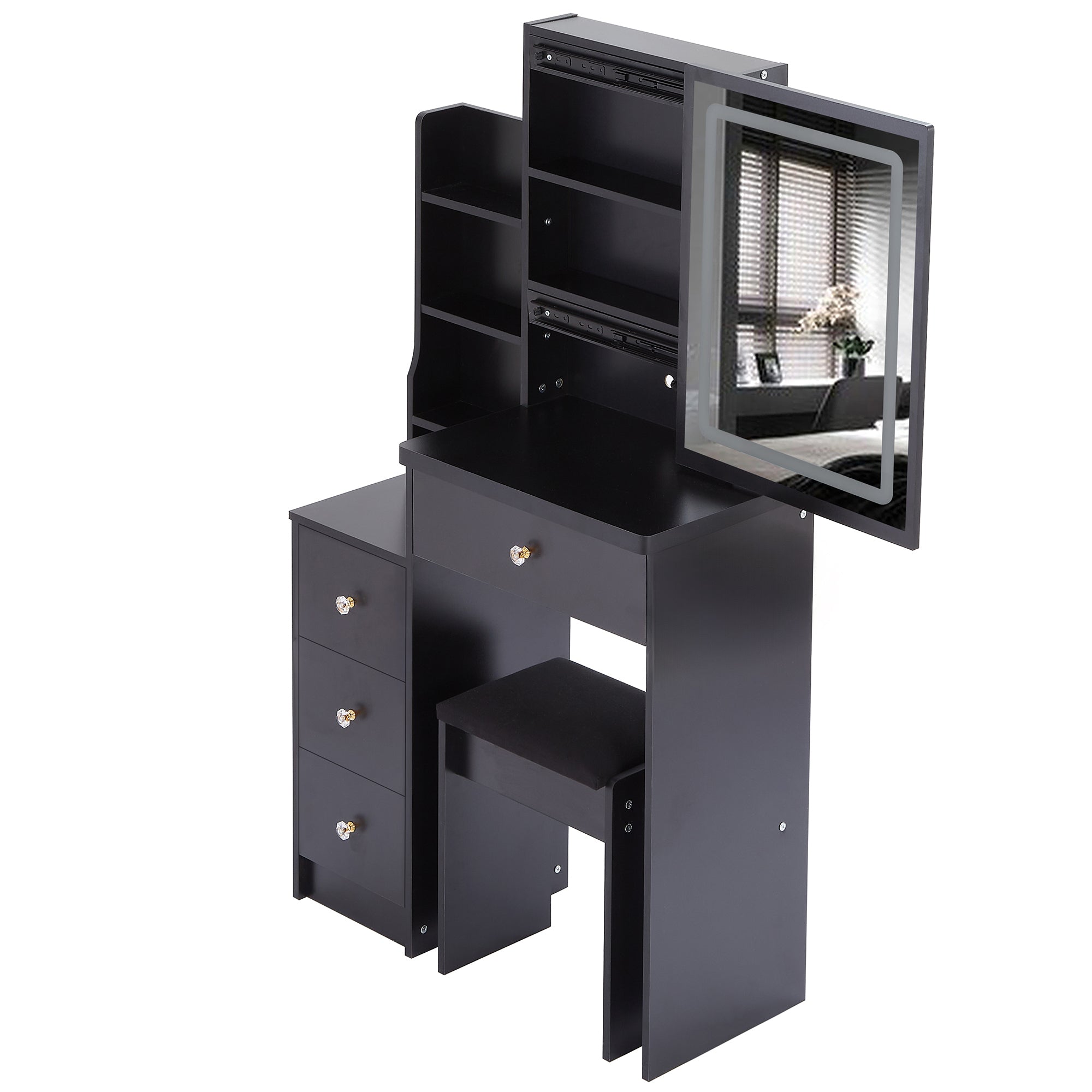 HAOYYE Small Size Left Bedside Cabinet Vanity Table + Cushioned Stool, Touch Control Sliding LED Mirror, Tri-color Switching, Brightness Adjust, Multi Layer, Suitable for Small Space, EPA,GCC,UL Certificate