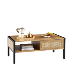 HAOYYE 40.16" Rattan Coffee table, sliding door for storage, metal legs, Modern table for living room , natural Sturdy Space-Saving Heavy Duty Modern Design Adults Dorm Room Easy Assembly