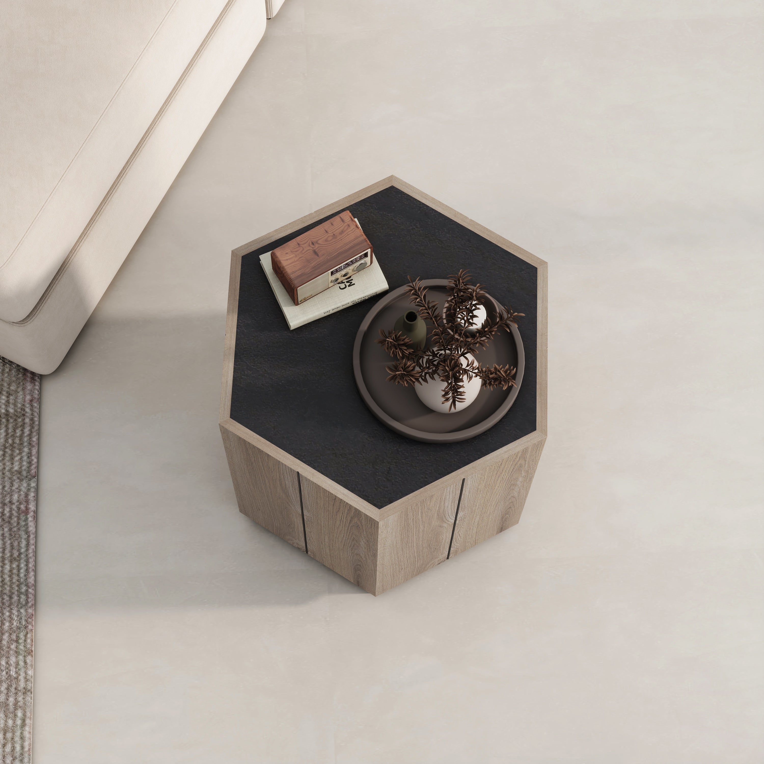 HAOYYE Hexagonal Rural-Style Side Table with Drawer, Textured Black and Warm Oak, Sturdy Space-Saving Design, Heavy Duty Construction, Modern Rustic Furniture for Living Room, Bedroom, or Corner Spaces