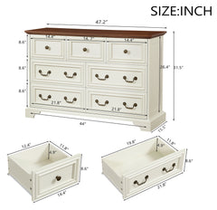 HAOYYE Farmhouse 7-Drawer Dresser With Rustic Natural Texture, Vintage Design Storage Chest, Organizer For Bedroom, Living Room, Hallway, Antique White Sturdy Space-Saving Furniture