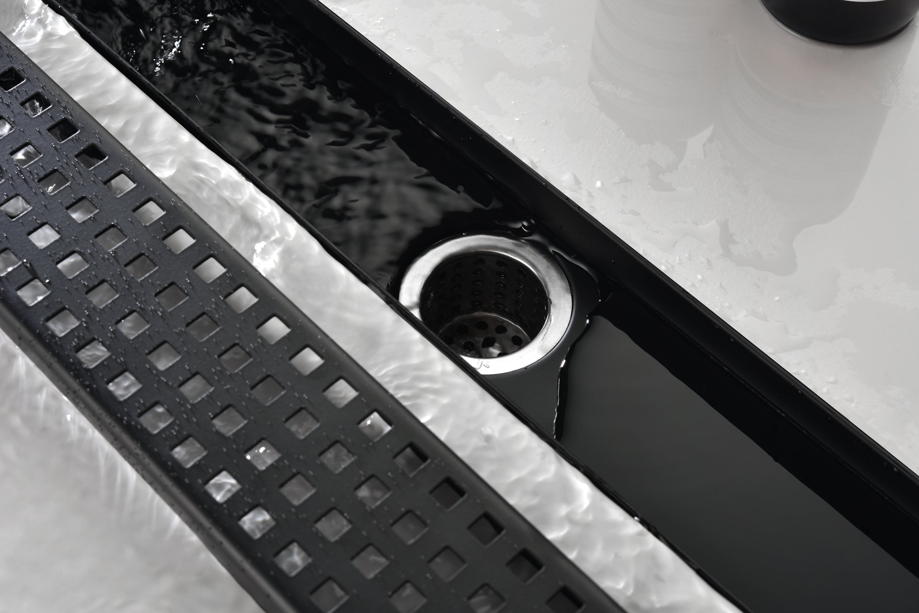 HAOYYE Linear Shower Drain with Removable Quadrato Pattern Grate, 304 Stainless Shower Drain Included Hair Strainer and Leveling Feet Sturdy Space-Saving Heavy Duty Modern Design Adults Dorm Room
