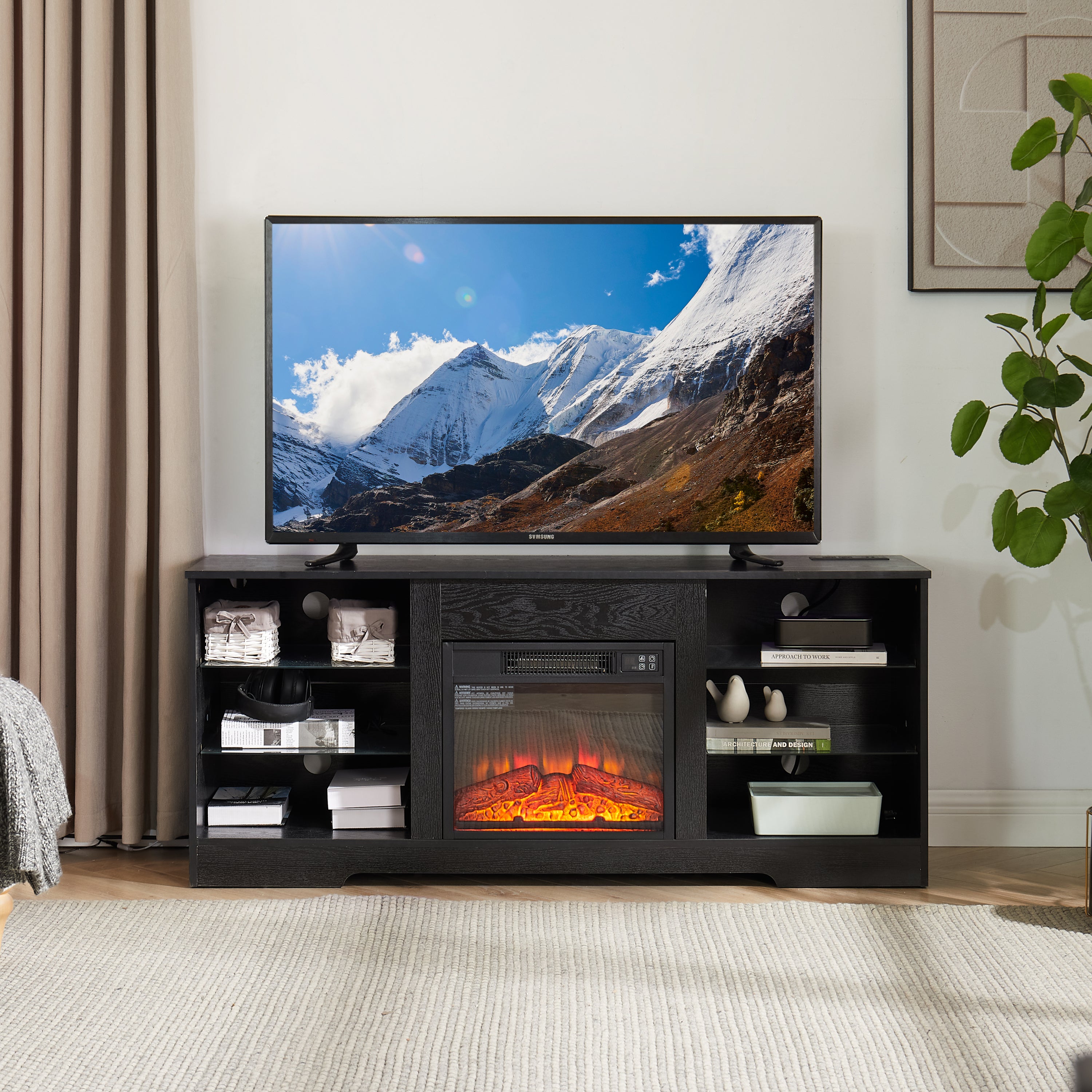 HAOYYE Modern TV Stand With Electric Fireplace, Glass Shelves, 3D Wood Design, LED Lights, And USB Charging Outlet – Entertainment Console Table For TVs From 32 To 62 Inch, Sturdy, Space-Saving Heavy Duty Media Center In Black