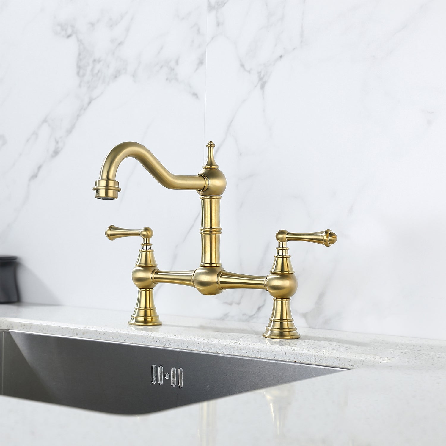 HAOYYE Double Handle Widespread Kitchen Faucet with Traditional Handles Sturdy Space-Saving Heavy Duty Modern Design Adults Dorm Room Easy Assembly Bedroom Furniture