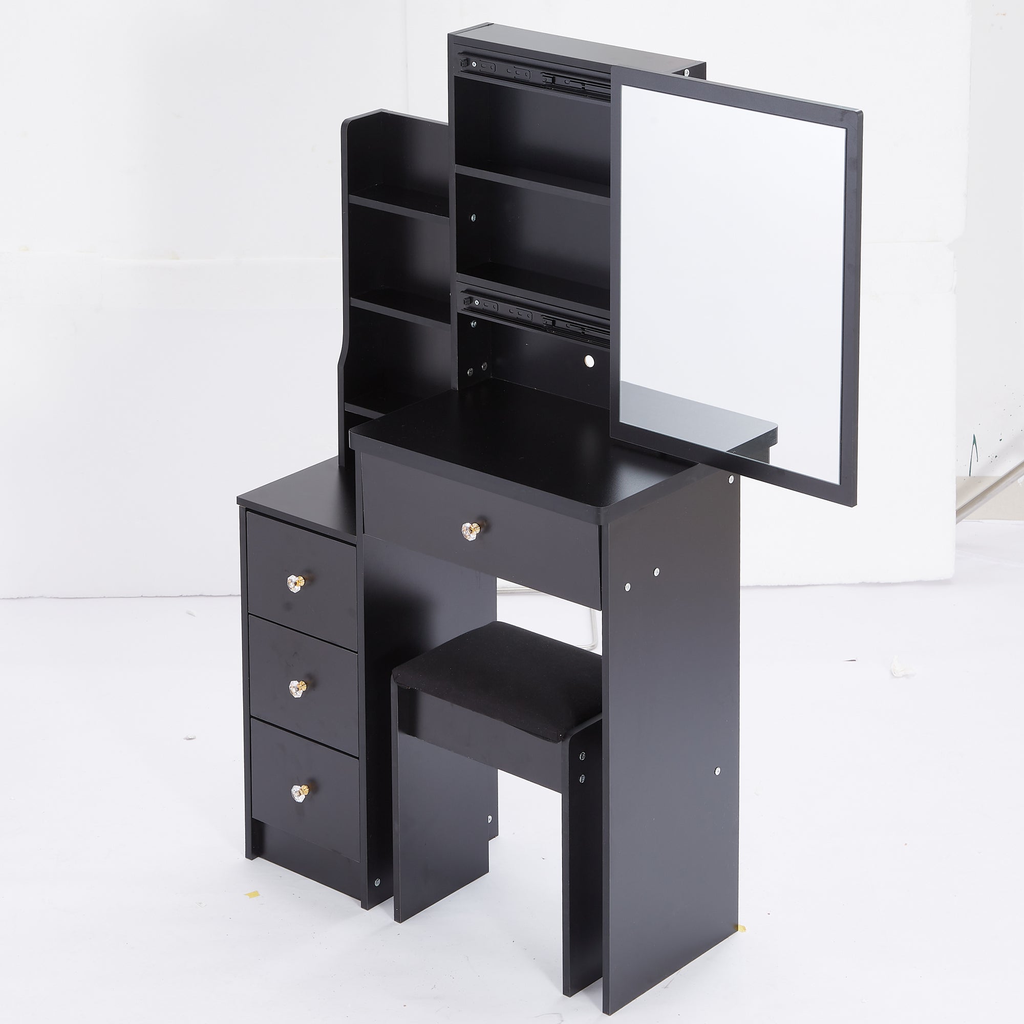 HAOYYE Compact Left-Side Bedside Vanity Table With Cushioned Stool, Sliding Mirror, Multi-Layer High Capacity Storage, Stylish Design, Perfect For Small Spaces, Certified EPA, GCC, UL
