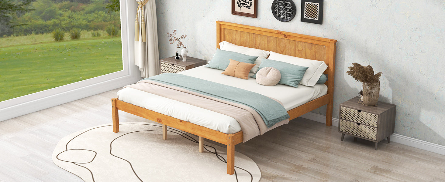 HAOYYE Platform Bed Frame with Headboard, Wood Slat Support, No Box Spring Needed, Queen, Oak Sturdy Space-Saving Heavy Duty Modern Design Adults Dorm Room Easy Assembly Bedroom Furniture